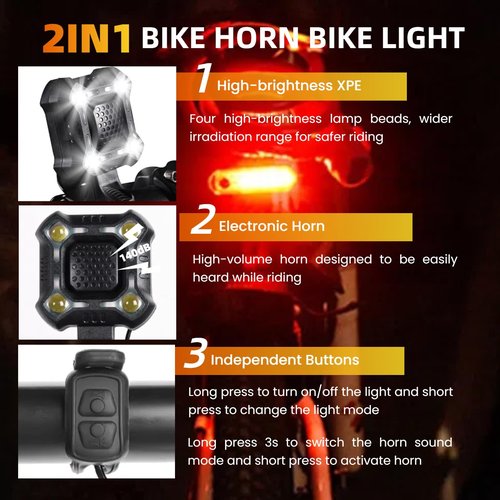 140 dB Bicycle Horn with Front and Rear Lights，USB Rechargeable Bike Bell with Wide-Beam LED Headlight, IPX6 Water-Resistant, for Night Riding and Daily Commute, Suitable for Commuters, E-Bike Riders