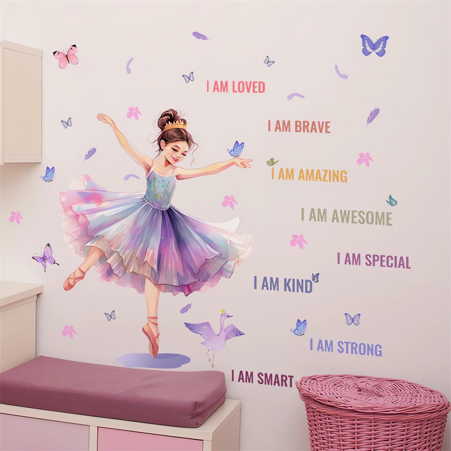 Lovely Dancing Ballet Girl Inspirational Quotes Wall Stickers, sacinora Butterfly Motivational Wall Decals Removable Vinyl Peel and Stick for Teens Girls Kids Nursery Bedroom Children’s Room Art Decor