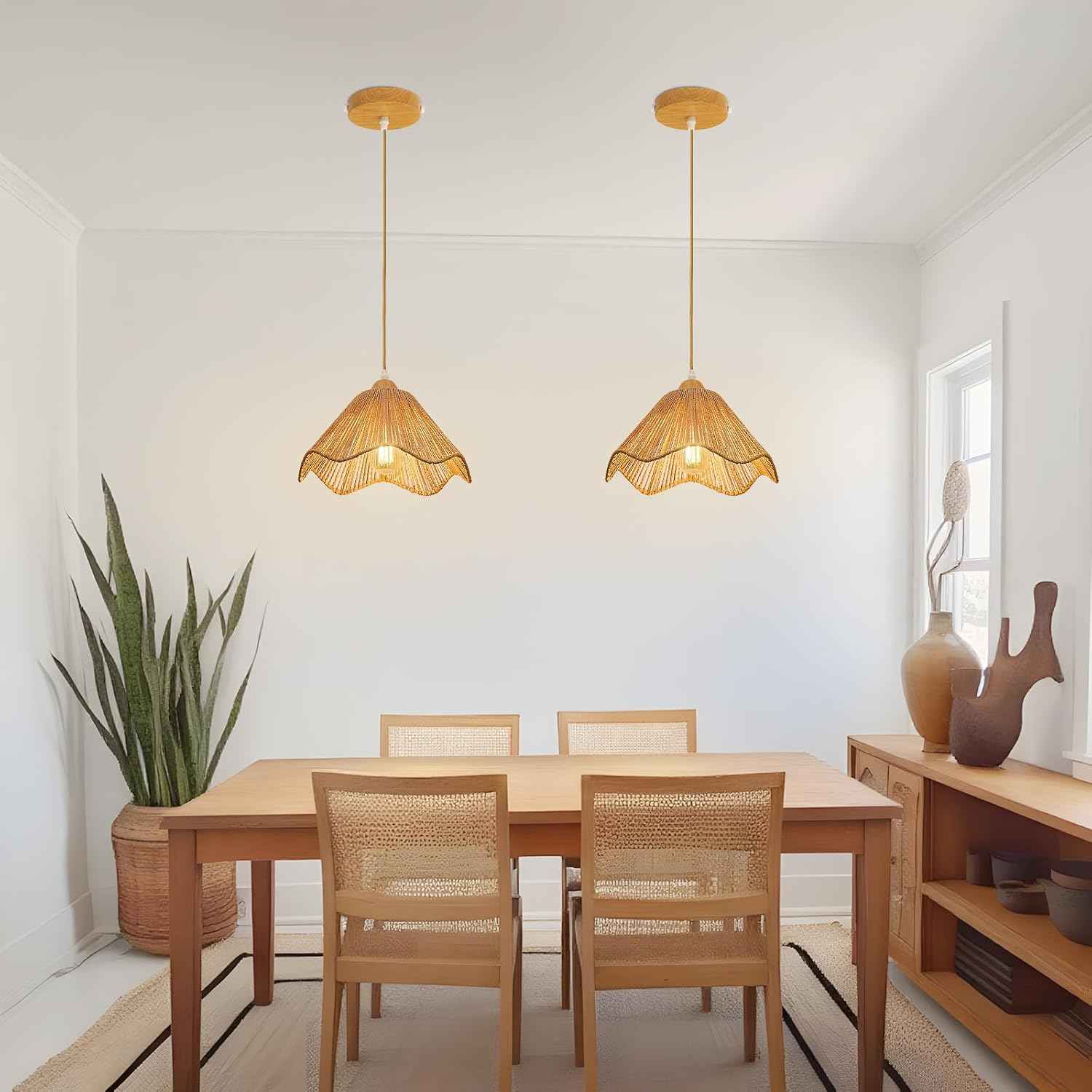Rattan Chandelier Pendant Lights - 3 Pack Adjustable Height Boho Farmhouse Ceiling Fixtures for Kitchen & Dining Room