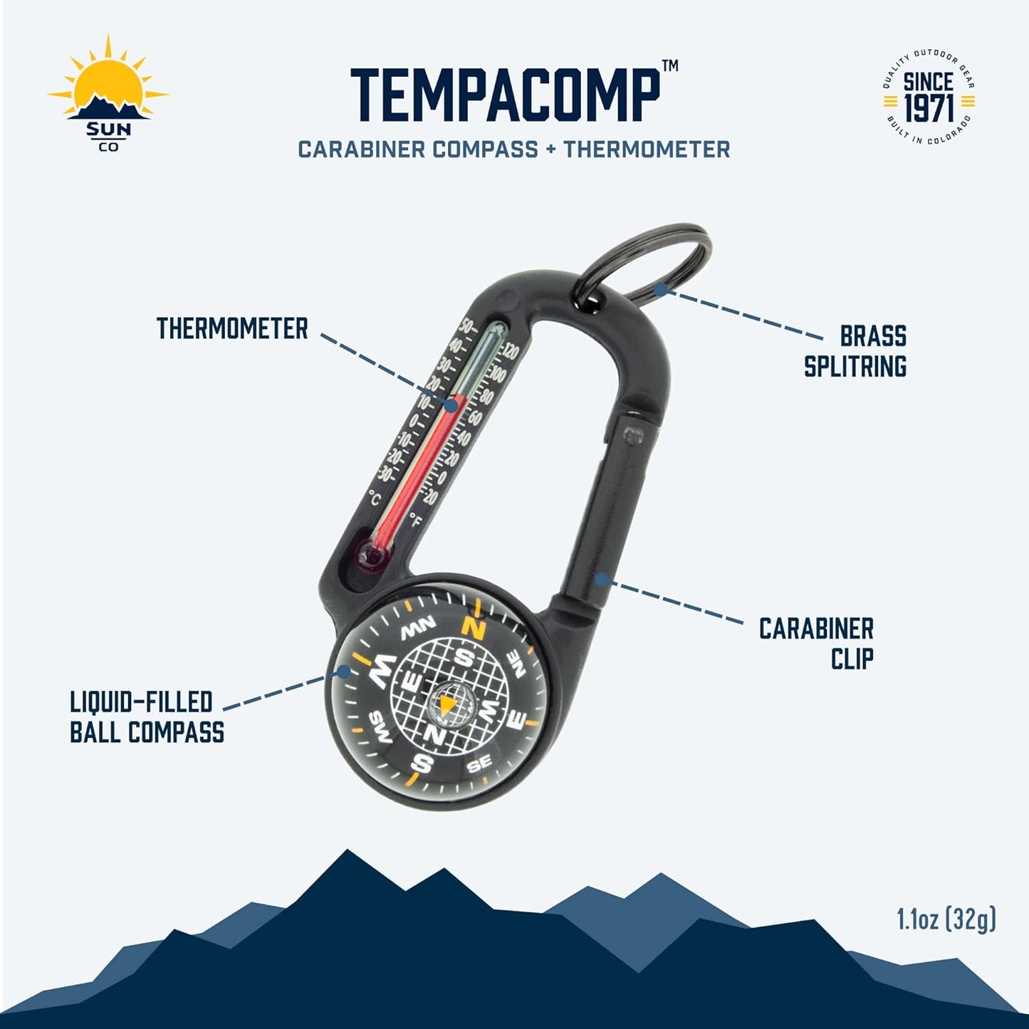 Sun Company TempaComp - Ball Compass & Thermometer Carabiner | Essential Hiking & Camping Accessory | Clips to Pack or Jacket