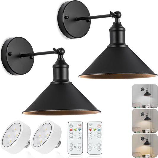 Wireless Vintage Black LED Wall Sconces Set of 2 with Remote Control - Cordless Battery Operated Lights for Bedroom & Farmhouse