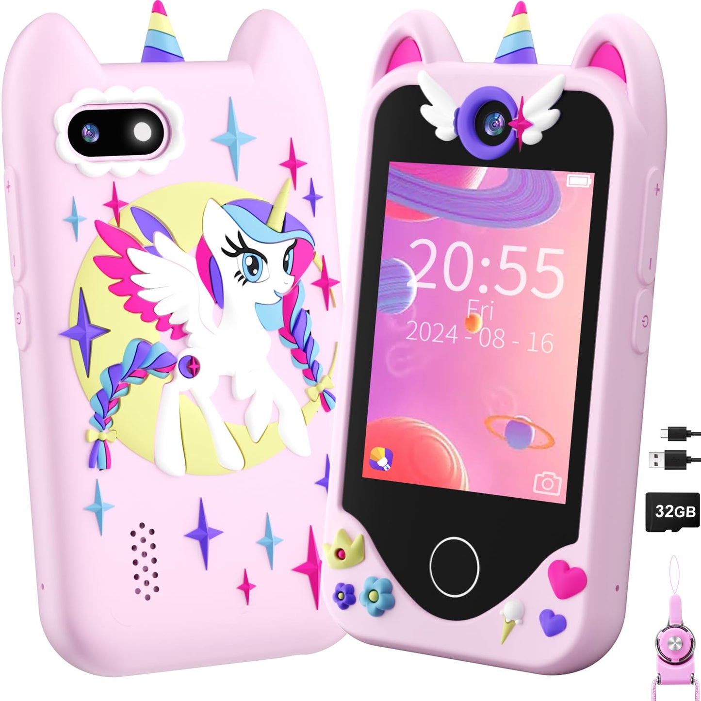 Kids Smart Phone for Girls Gifts - Toddler Christmas Birthday Gift for Age 3 4 5 6 Year Old, Kids Cell Phone Toy with Touchscreen, Dual Cameras, Learning, Kid Mp3 Player, Games with 32 GB Card