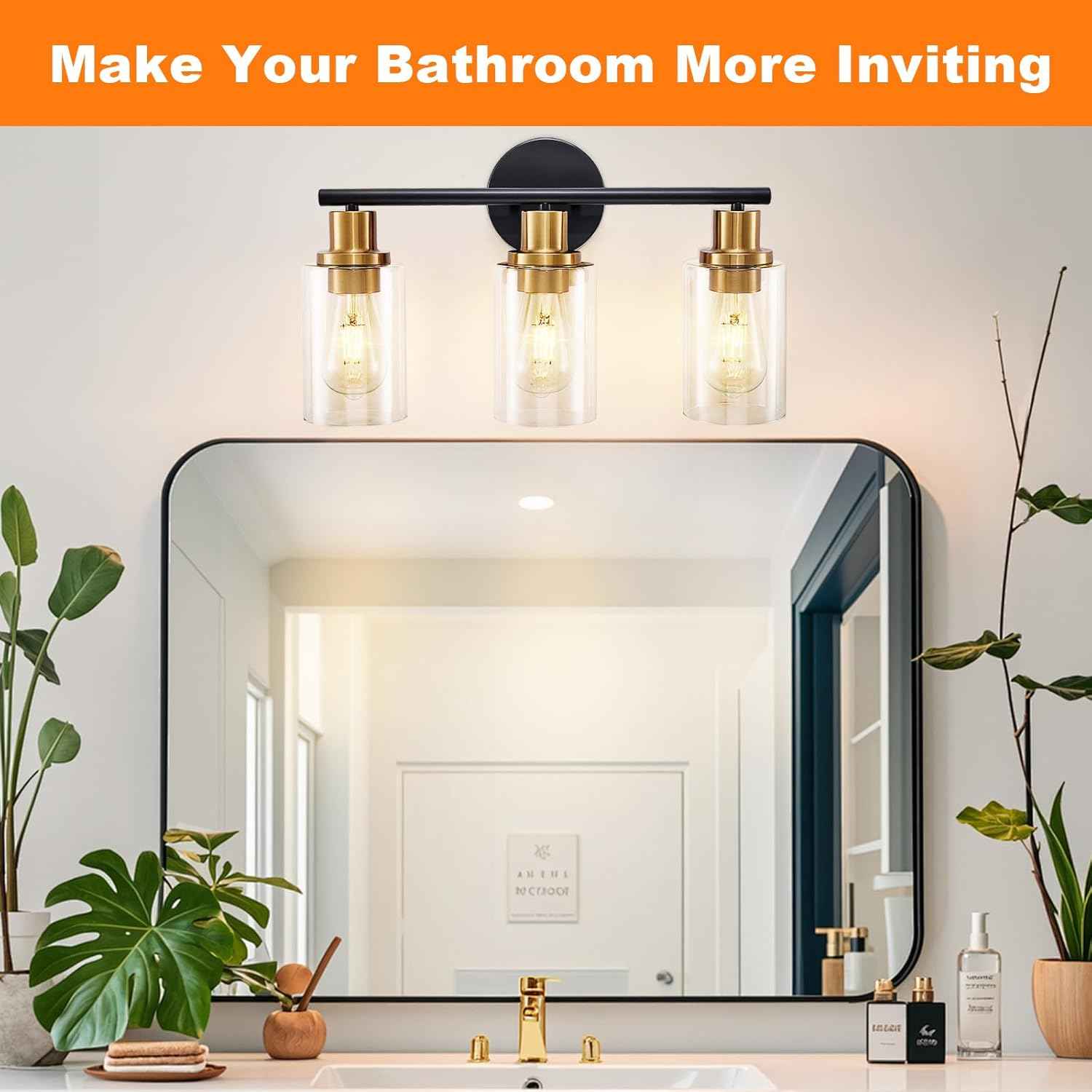 Modern Black 3-Light Bathroom Vanity Light Fixture with Clear Glass Shades - 2 Pack