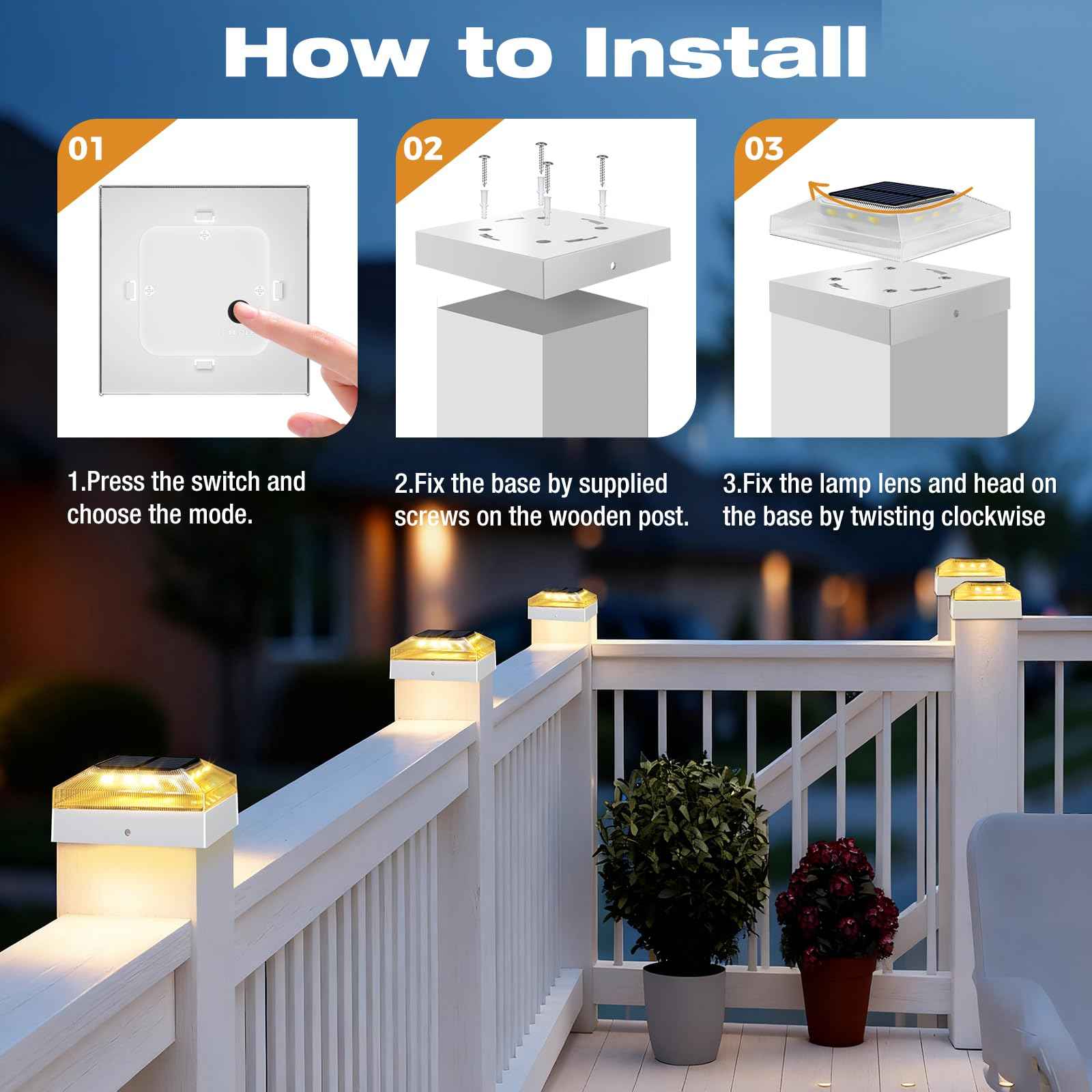 vighep 4x4 Solar Post Cap Lights Outdoor – 4 Pack Fence Post Light with 3 Color Modes, Waterproof Solar Powered Deck Lights for Wooden/Vinyl Posts Top, Garden-White