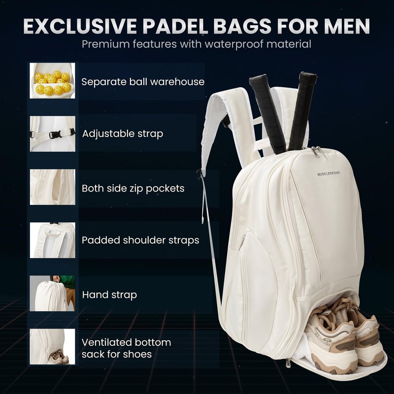Pickleball Bag for Men and Women, Large 38L Tennis and Pickleball Backpack with Shoe Compartment, Durable Padel Bag with Spacious Storage for Paddles, Balls, Bottle, Towel, Clothes & Laptop (White)