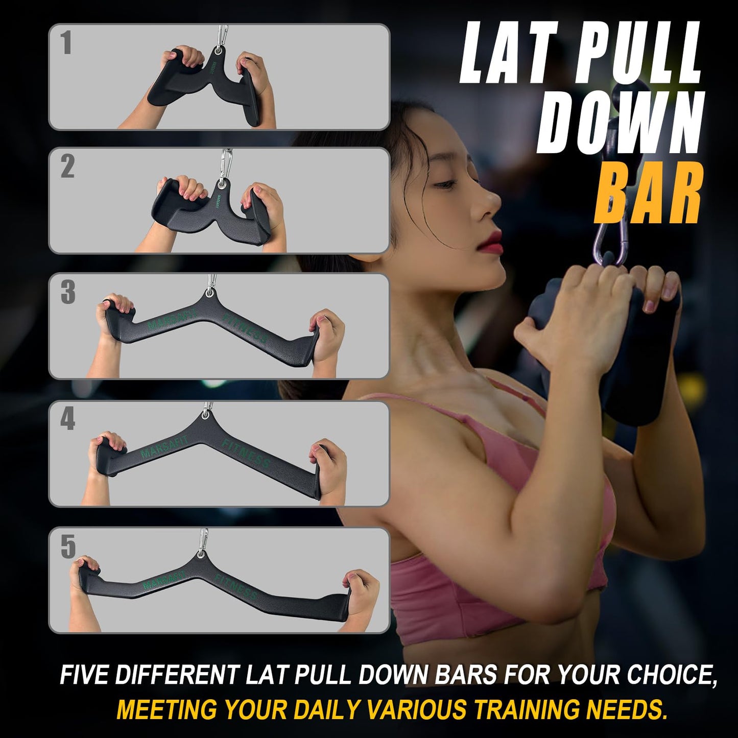 MARSAFIT Home Gym Fitness Rowing T-bar V-bar Pulley Cable Machine Attachment, Bicep Curl Tricep LAT pulldown Bar Back Strength Training Handle Grips LAT Pull Down Bar for Seat Row Workout (5PCS)