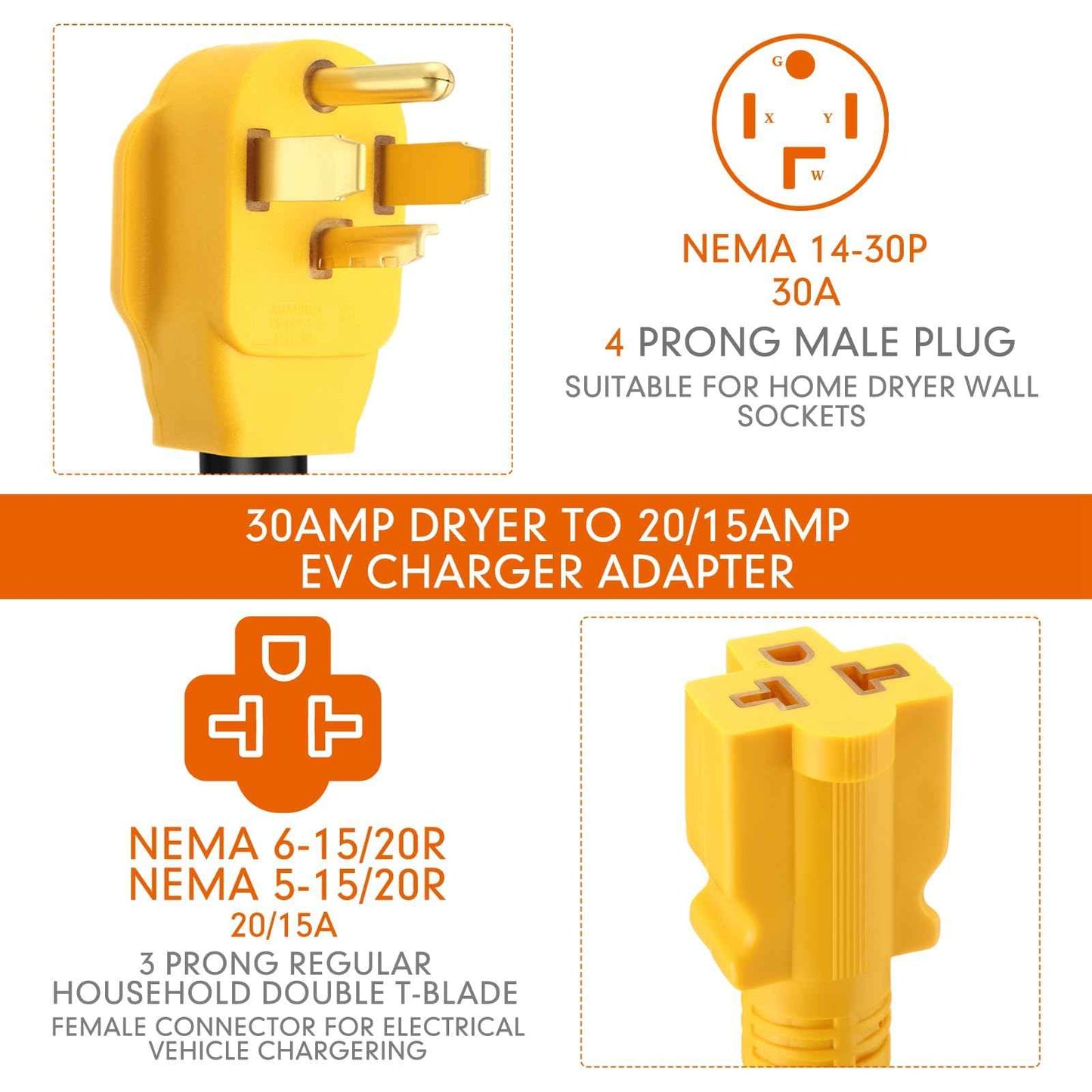 Tellegloww 14-30P to 6-20/15R or 5-20/15R EV Dryer Adapter Cord Compatible with NEMA 30 Amp 4 Prong 240V to 20/15 Amp 3 Prong 240V 6-20/15R or 5-20/15R T Blade for EV Charger HVAC 12 AWG 1FT