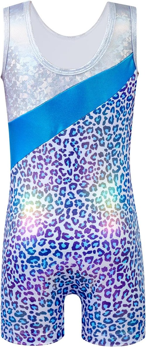 HOZIY Girls' Gymnastics Leotard - Snowflake Ribbon Design in Blue, Purple & Hot Pink Sparkle