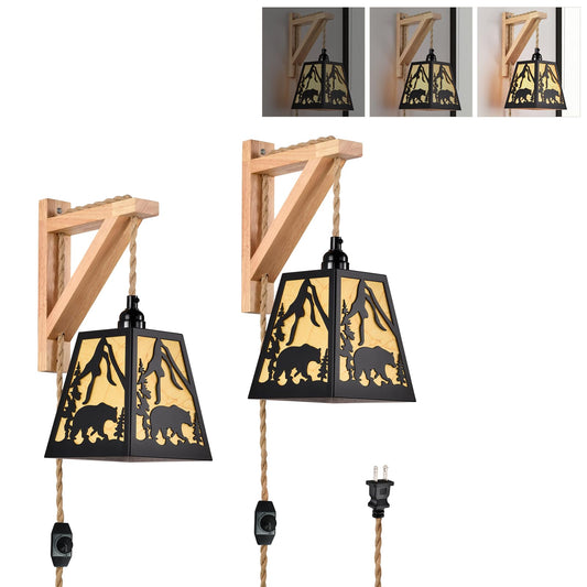 Sunnyin Wall Sconces Set of Two Plug in,Rustic Bear Dimmable Wall Sconce with Wood Shelf Bracket,Farmhouse Parchment Shade Sconces Wall Lighting,Antique Black Wall Lamps for Bedroom,Living Room,Indoor
