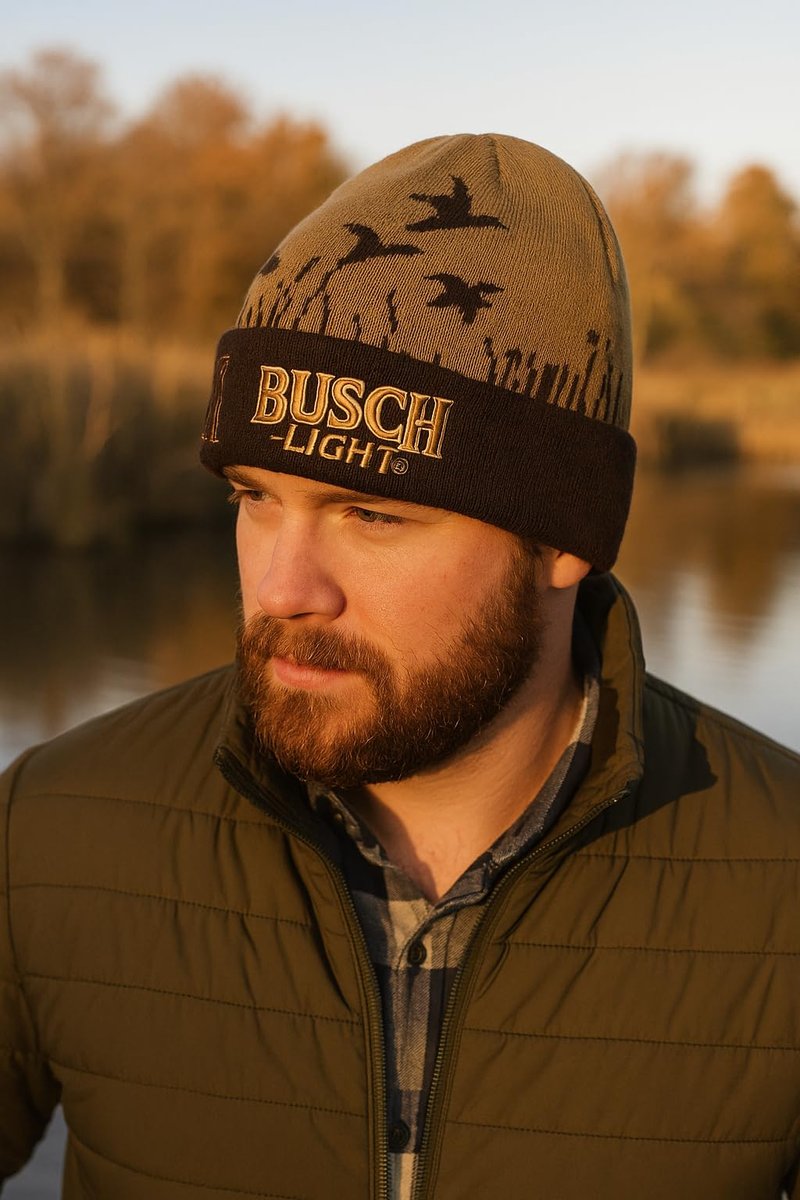 Calhoun Busch Light Hunting Beanie – Warm Knit Winter Hat with Dog & Duck Design for Outdoor Enthusiasts Brown