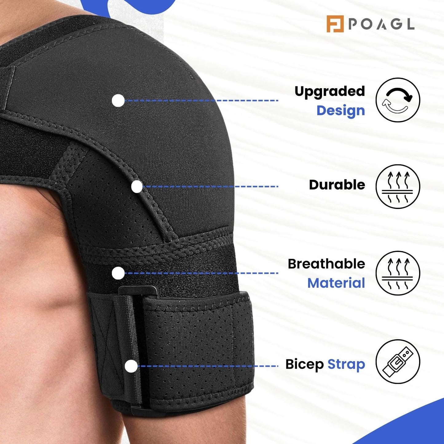 POAGL Adjustable Shoulder Brace for Men - Both Left and Right Arm - Pain Relief for Torn Rotator Cuff, Compression Support Sleeve for Dislocation, Bursitis, Tendonitis (Black, Large)