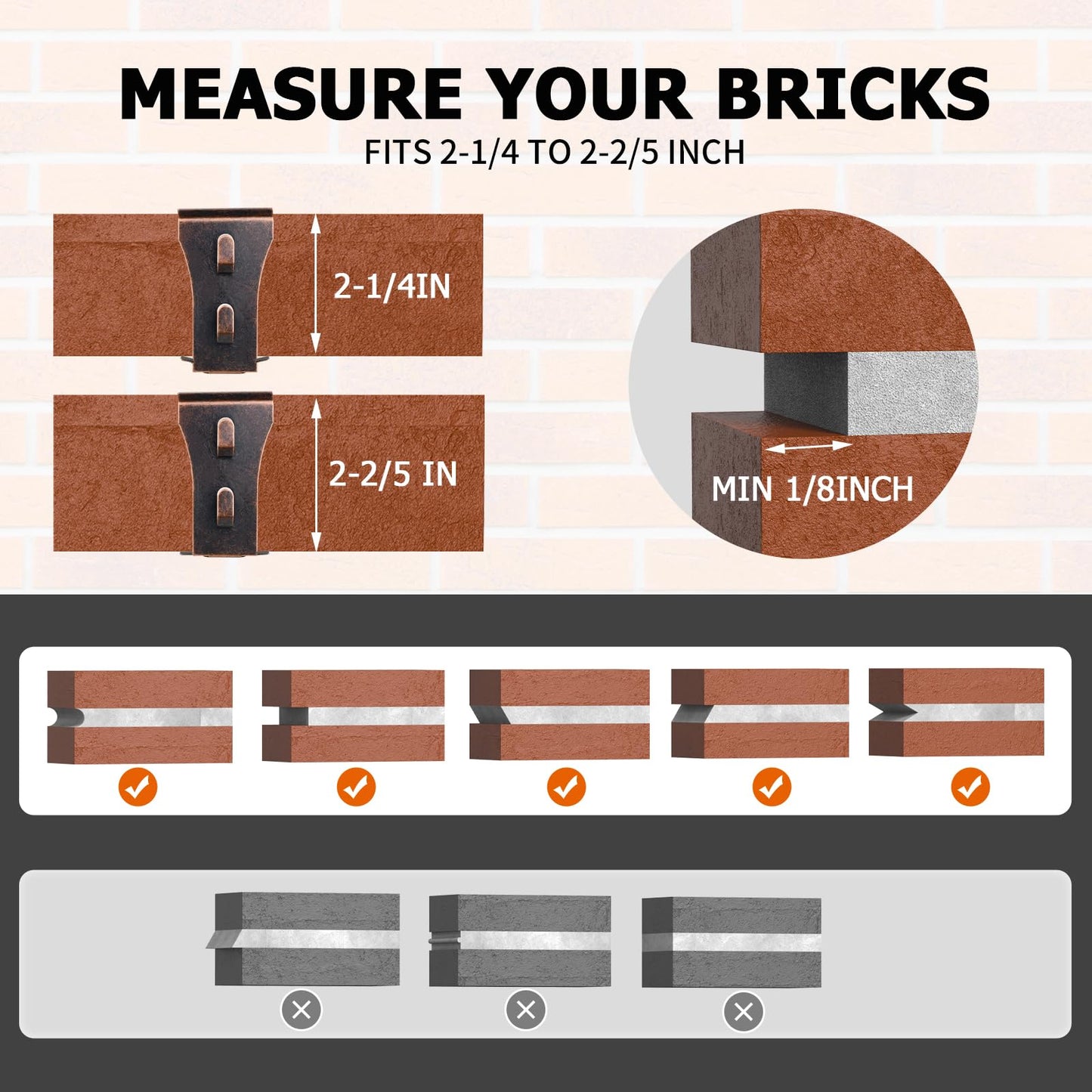 Brick Clips,16PCS Brick Hook Clips Hanging Outdoors for 2-1/4" to 2-3/8" High Bricks Heavy Duty Brick Hooks Hangers Wall Clips Hanging No Drill & Nails
