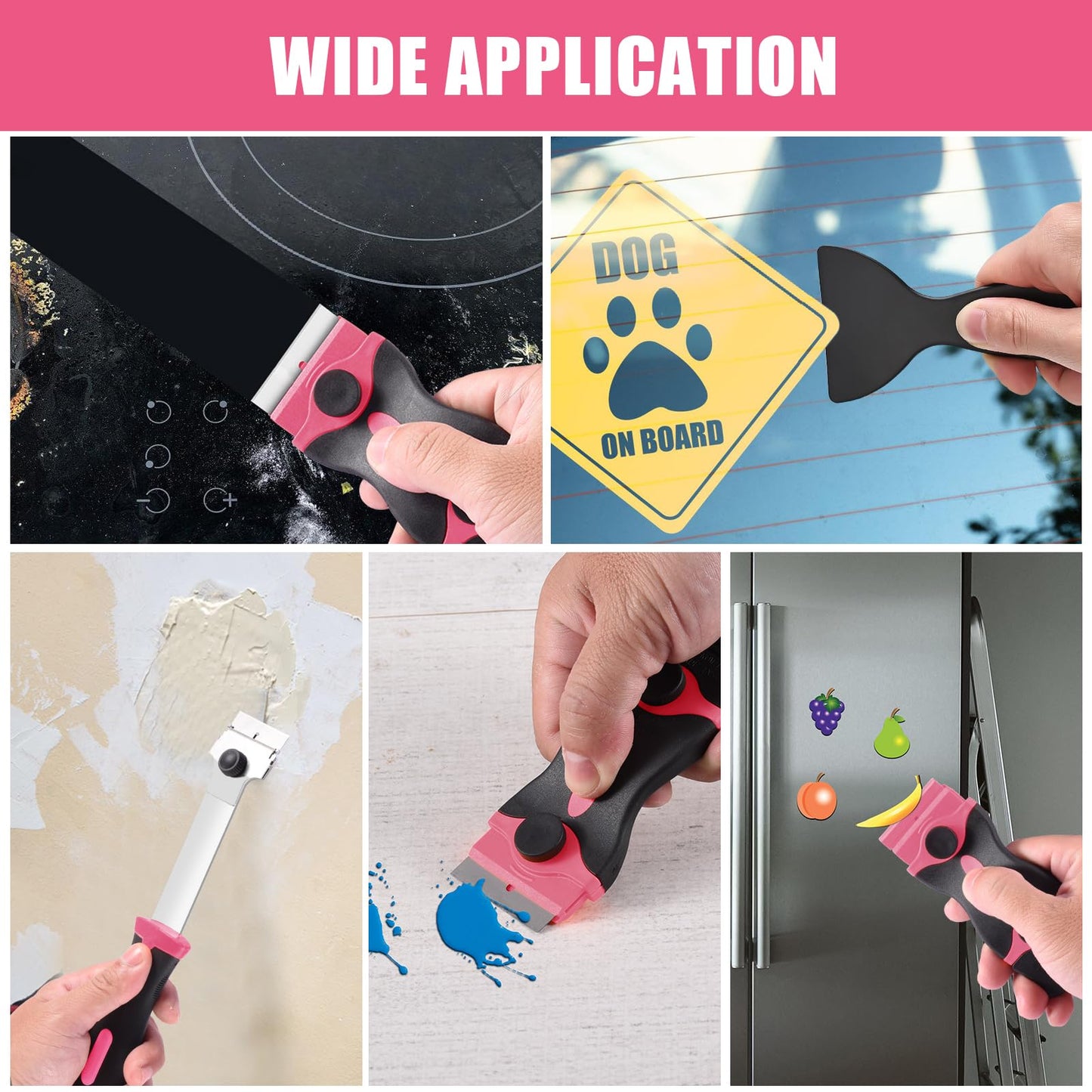 NECAMOCU 4 Pack Razor Blade Scraper, Premium Cleaning Scraper Tool with 50 PCS Metal & Plastic Razor Blades, Multi-Purpose Glass Scraper for Windows, Sticker, Decals, Cooktop, Paint Removal (Pink)