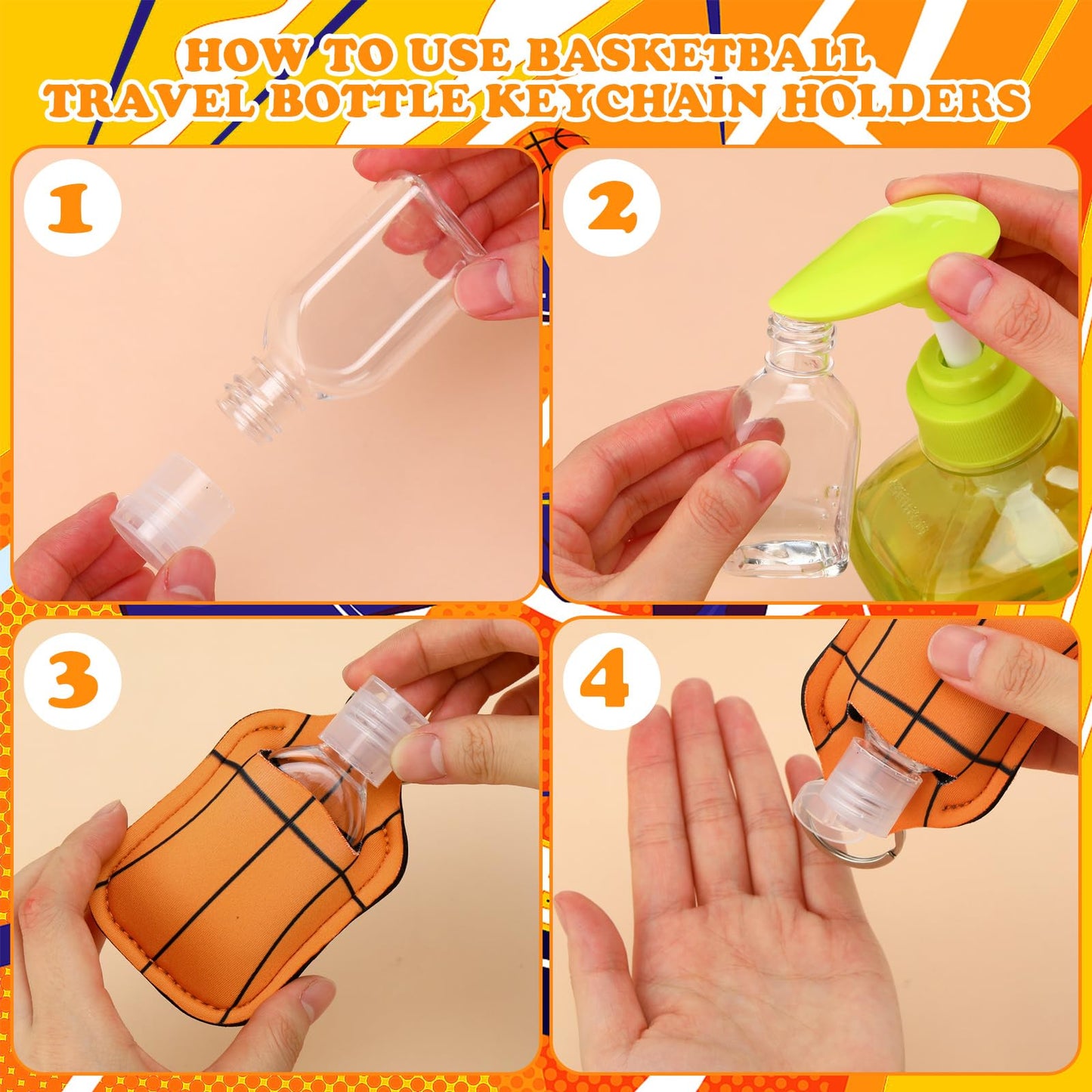 Kigeli 24 Set Softball/Basketball/Baseball/Soccer Hand Sanitizer Keychain Holders Bottle Team Gifts Empty Sports Party Favor(Basketball)