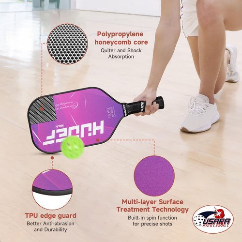 HUDEF Pickleball Paddle USAPA Approved, Lightweight Carbon Fiber Face and Polypropylene Honeycomb Core Pickleball Racket with Cover, Elongated Handle and Cushion Comfort Grip Pickle Ball Paddle Purple