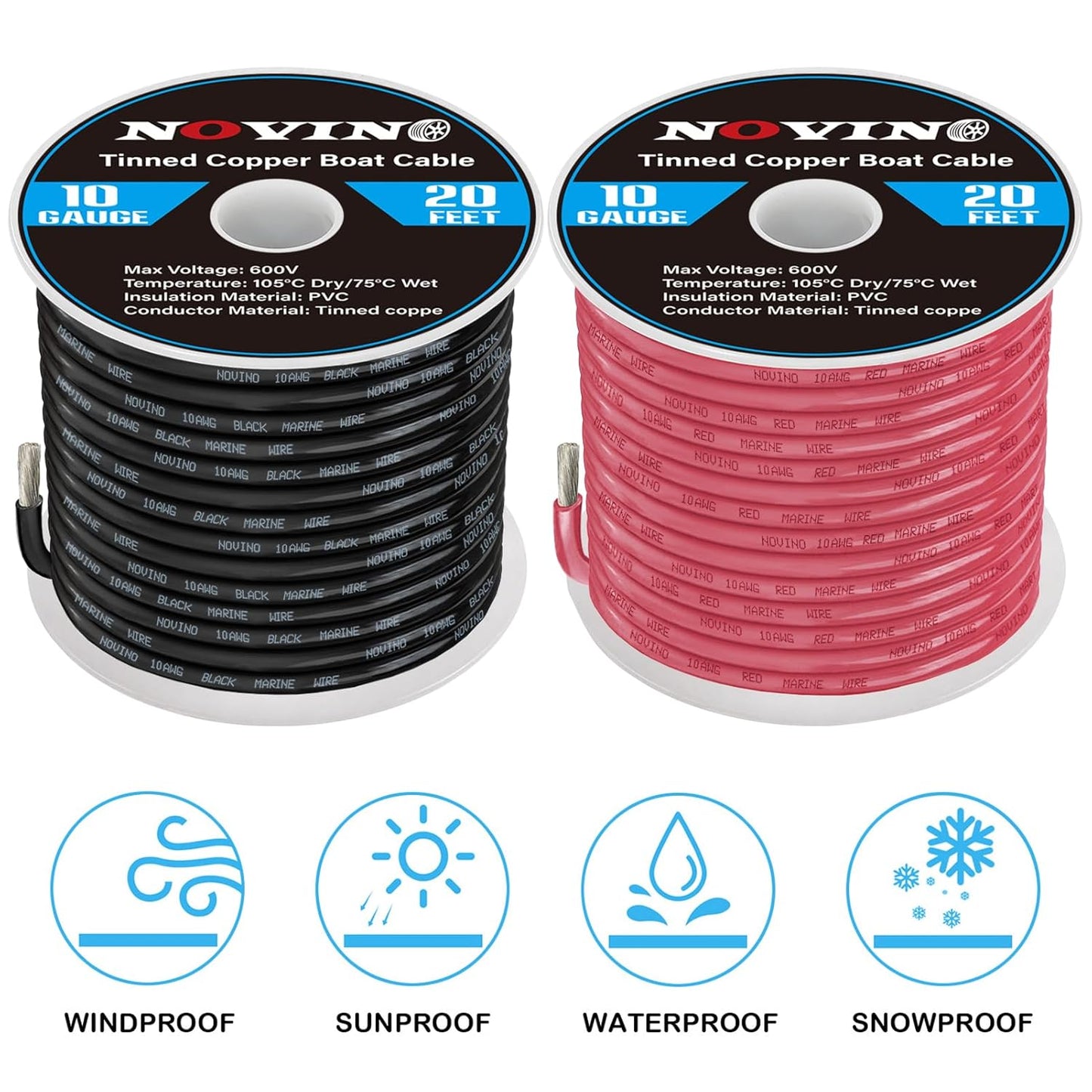 10 Gauge Marine Wire - 10 AWG Tinned Copper Electrical Cable for Boats | 20FT Red & 20FT Black