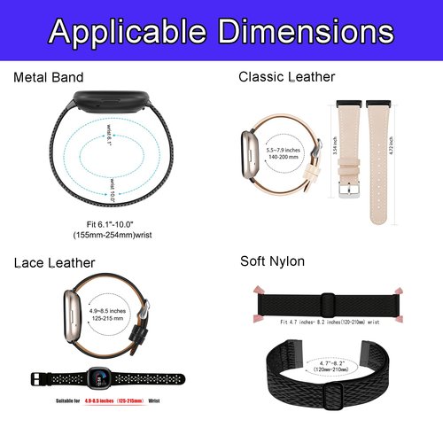 Attbbon 4 Pack Compatible with Fit bit Versa 4/Fit bit Sense 2 for Men Women, Adjustable Stainless Steel Metal+Classic Leather+Stretchy Nylon Band for Versa 3/Sense Watch