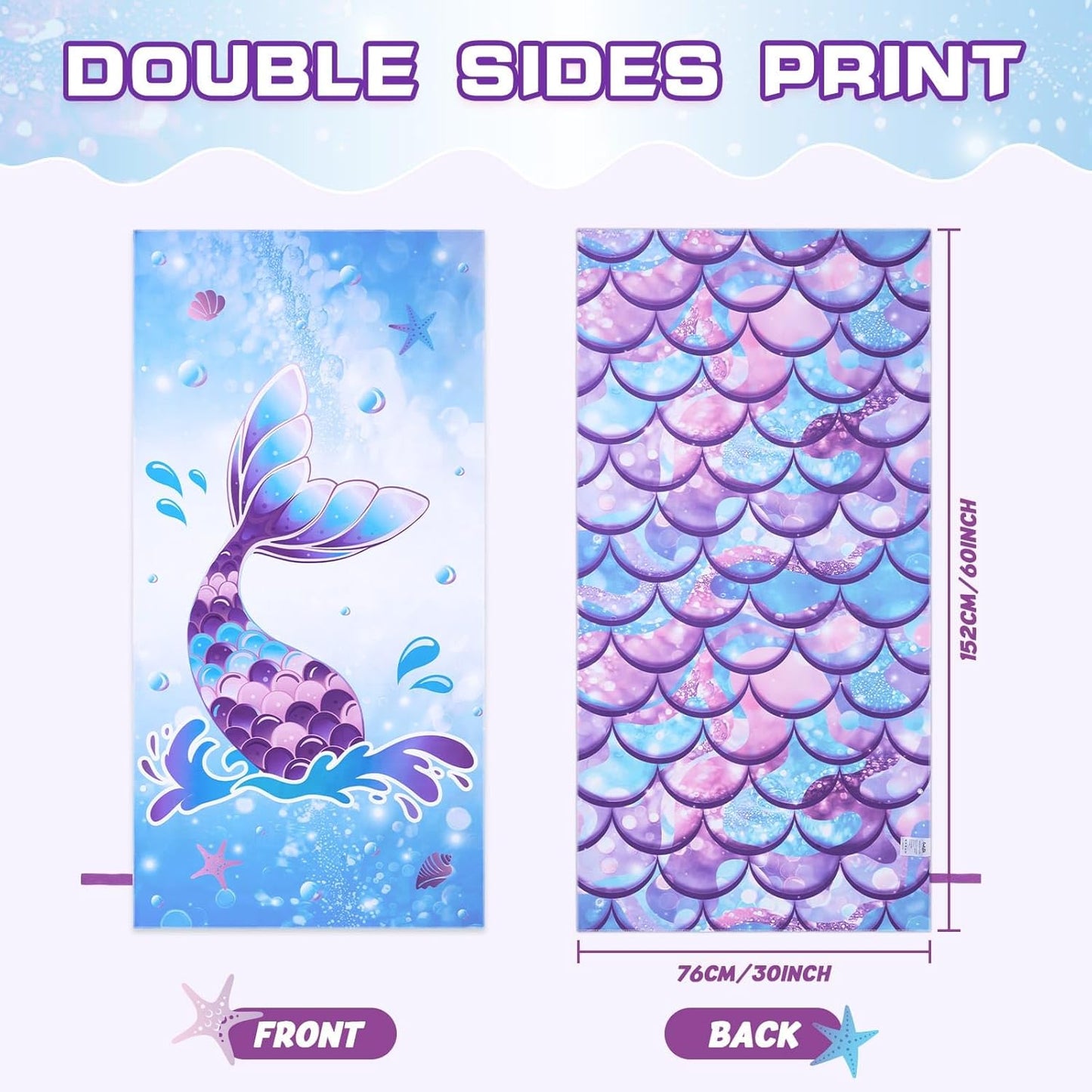 WERNNSAI Mermaid Kids Beach Towel - Double-Sided, Quick Dry, Ultra Absorbent | 30” x 60” Super Soft Swim Towel