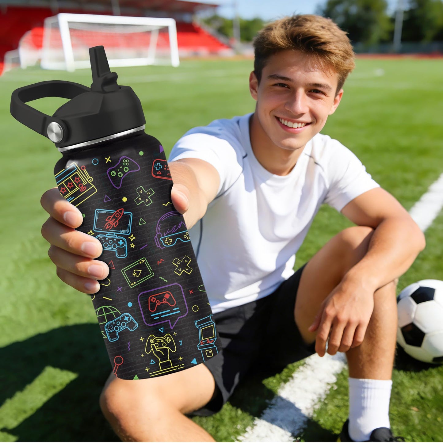 CGMIBAS Gamer Water Bottle 32oz - Insulated Stainless Steel with Straw, Leak Proof Lid - Ideal Gaming Gifts for Kids Boys Teens - BPA-Free Sports Bottle for School, Travel & Gaming