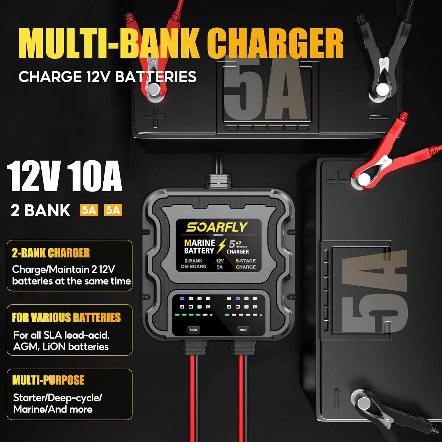 SOARFLY 12V Marine Battery Charger - 10A Waterproof Maintainer & Desulfator for SLA/AGM & Lithium Batteries