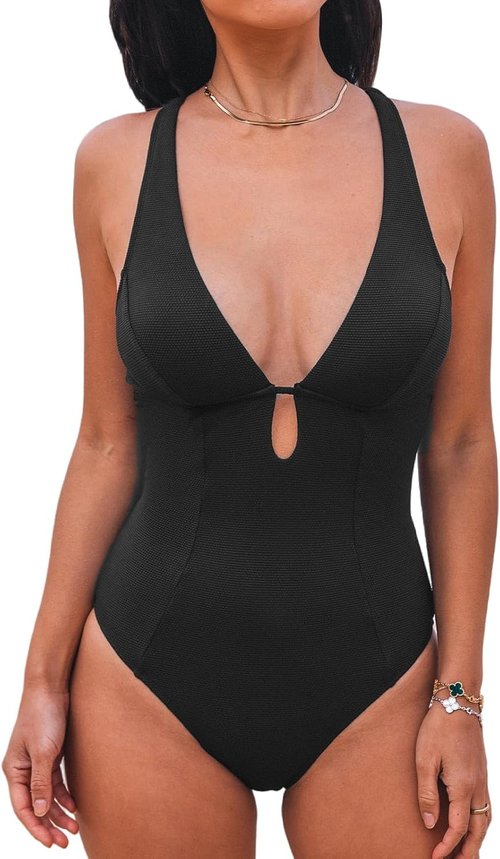 CUPSHE Women's One Piece Swimsuit - Deep V Neck Keyhole Cutout Design | Textured Bathing Suit