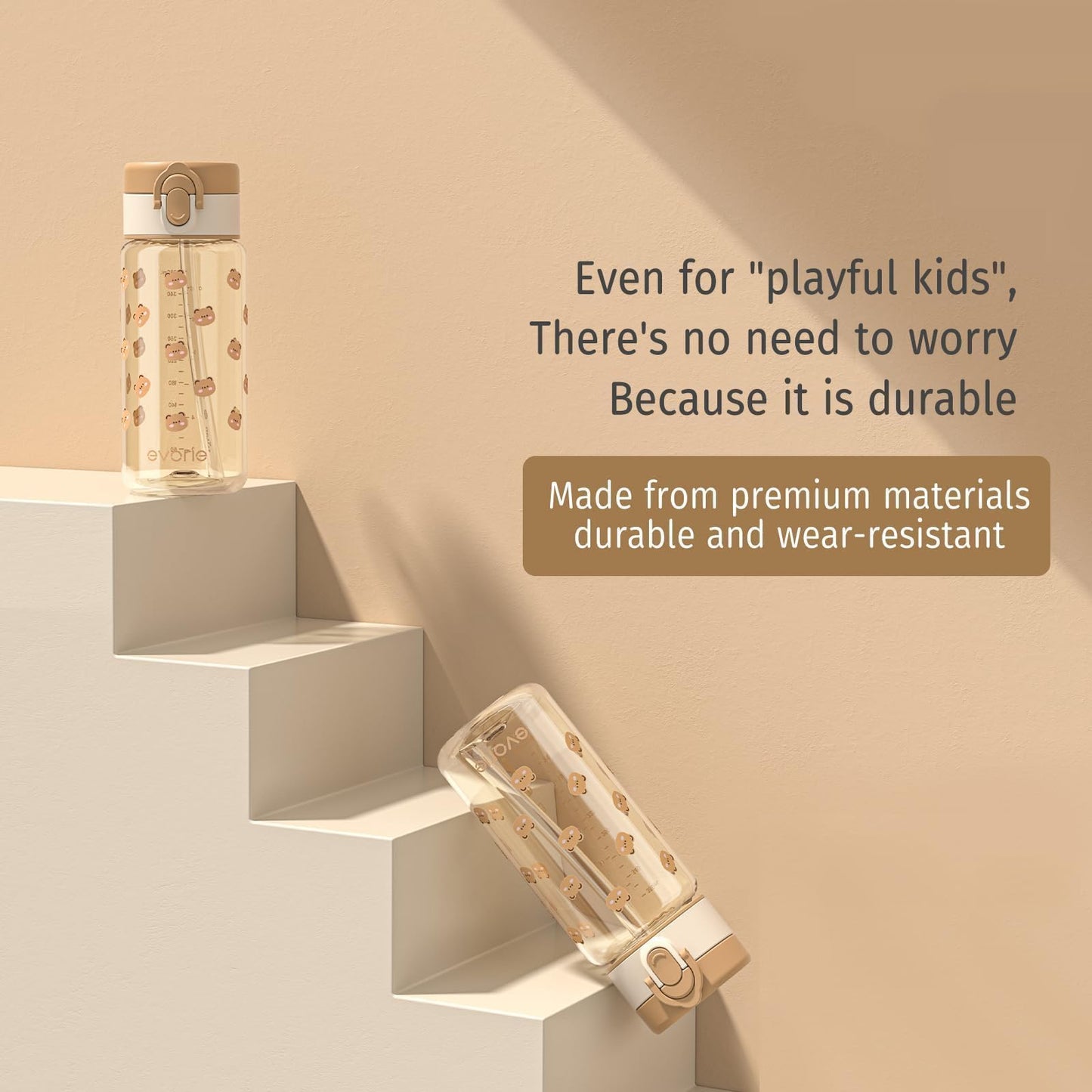 Evorie Tritan Kids Water Bottle with Straw, 13oz BPA-Free Leak-Proof Drinking Bottle for School & Travel, Lightweight Clear Water Bottle, Dishwasher Safe, for Kids Ages 3+ (Honey Bear)