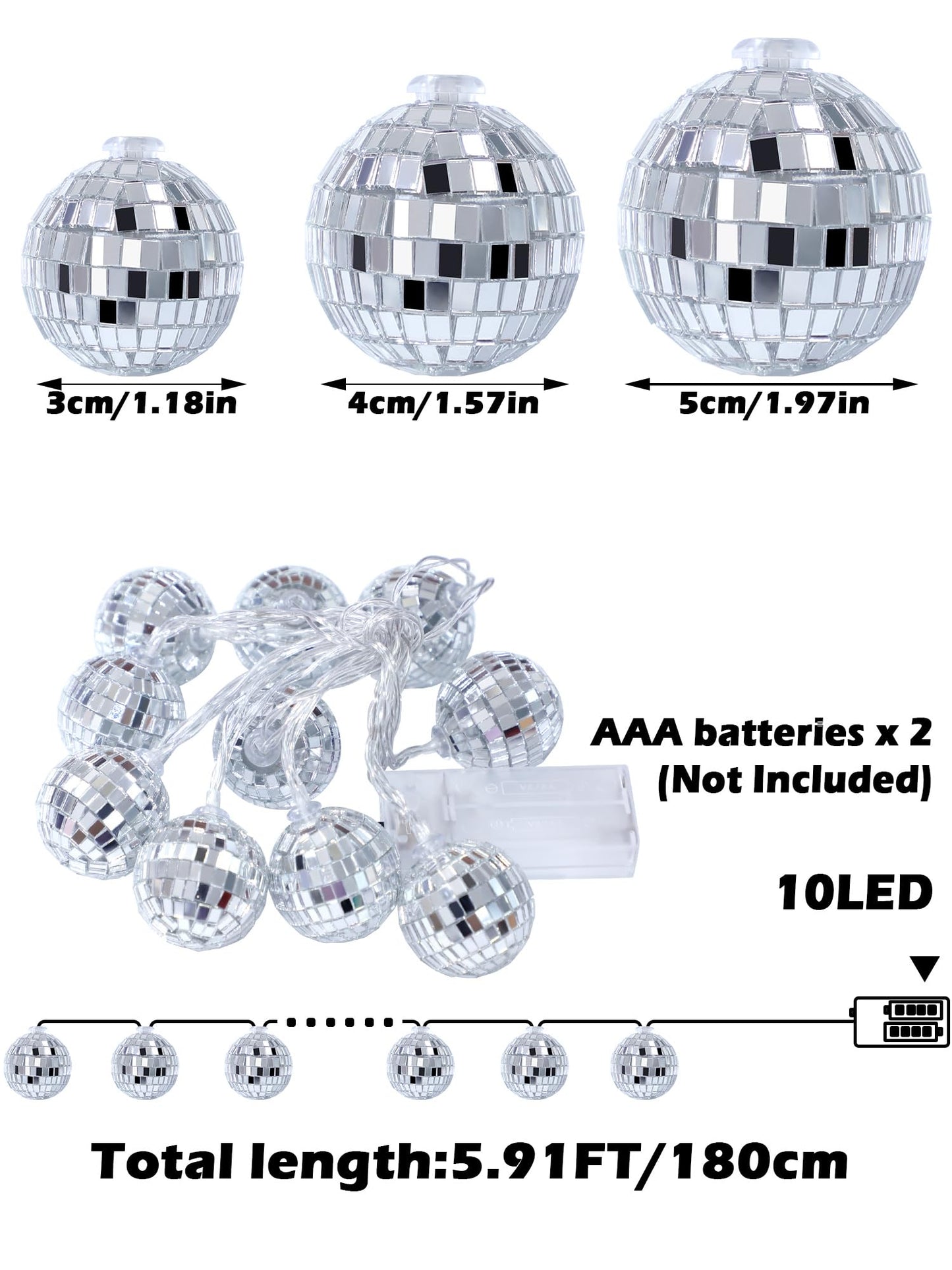 BBTO LED Disco Ball String Light Battery Powered Mirror Balls Ornaments for Outside Backyard Porch 70s 80s Disco Party Supplies(1.18 Inch,Silver White)