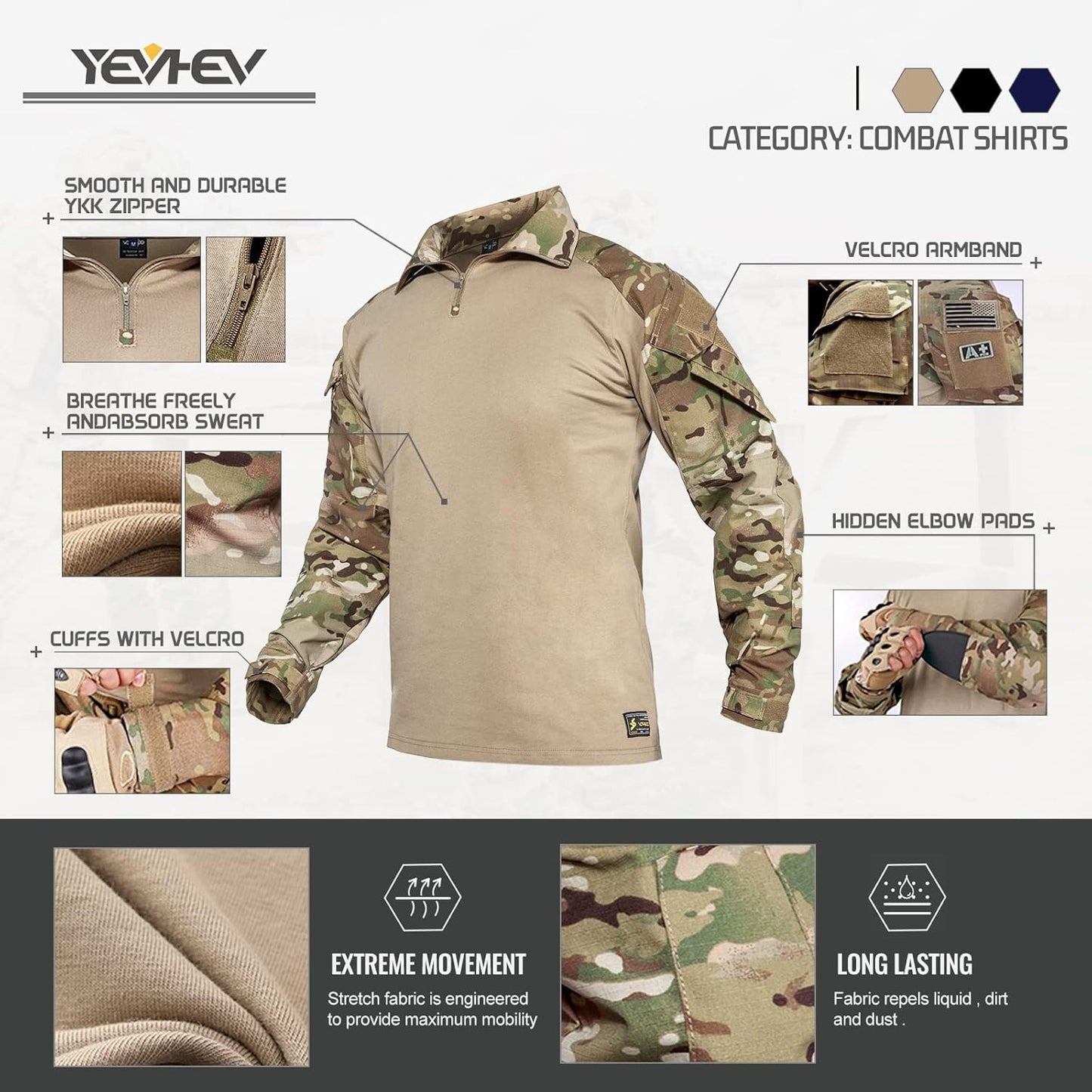 YEVHEV G3 Tactical Camouflage Shirt - Elbow Pads for Men | Perfect for Hunting & Paintball