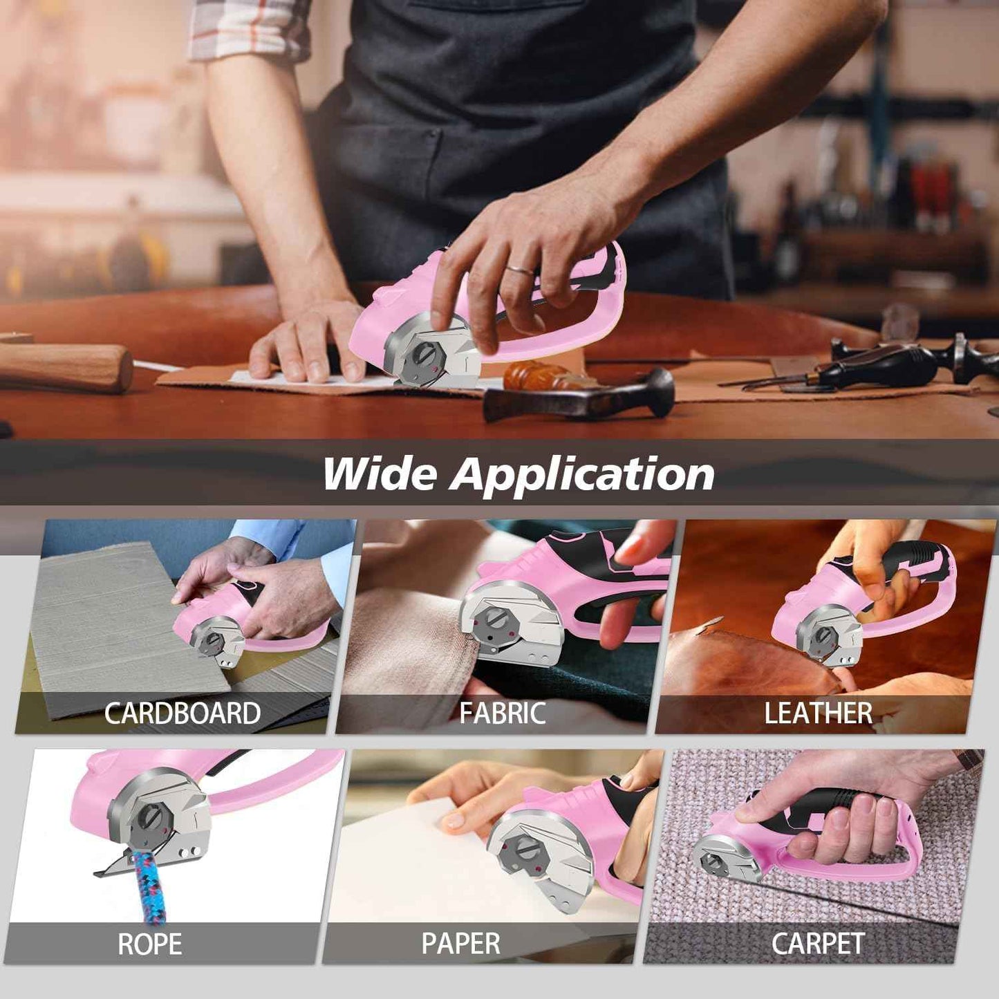 Cordless Electric Scissors, 4V Rechargeable Box Cutter & Cardboard Cutter with Titanium Blade, LED Light, Safety Lock - Rotary Cutter for Fabric, Leather, Carpet, Plastic, Crafting, Sewing (Pink)