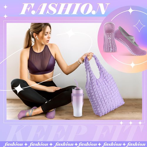 Poen 7 Pcs Pilates Essentials Kit for Women Home Workout Pilates Equipment Ring and Ball Set with 11.81 Inch Circle 9.84 Inch Yoga Ball Resistance Bands Cup Bag Socks for Beginners(Purple)