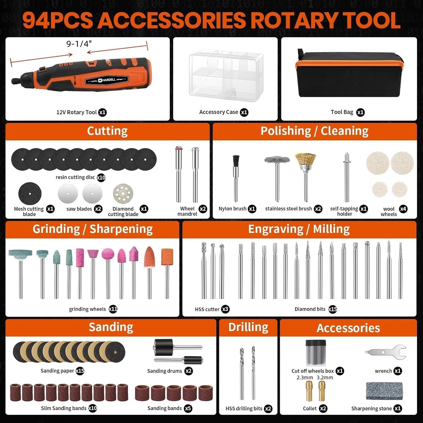 12V Cordless Rotary Tool Kit with 94 Accessories – 6-Speed, 30000RPM for Engraving, Sanding, Polishing & DIY Projects