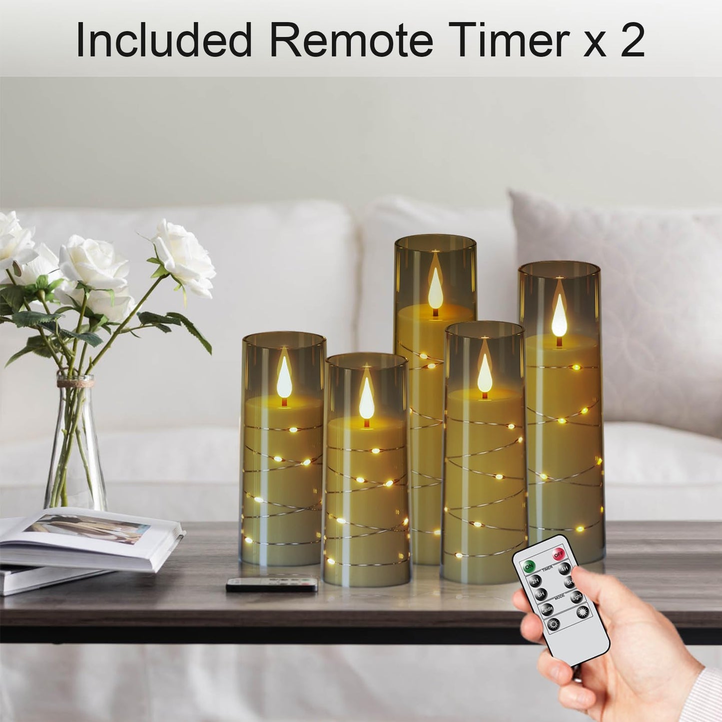 GenSwin Flickering Flameless Candles with Remote Timer, 5 Pack Battery Operated Candles with Embedded Star String, Black LED Battery Candles for Halloween Christmas Wedding Decor(D2.3” x H5”5”6”7”8”)