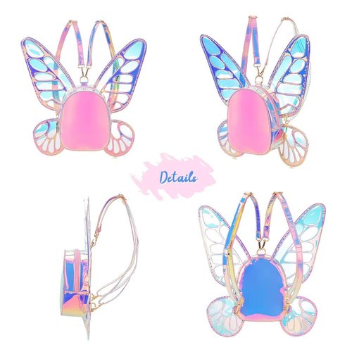 ENJOININ Women's Laser Holographic Backpack Butterfly Angel Wings Casual Daypack Shoulder Bag (Laser Pink)