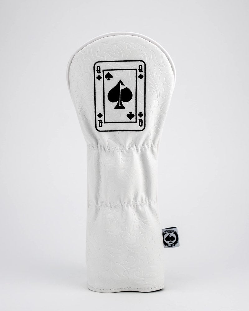Pins & Aces Royal Flush Fairway Head Cover - Premium, Hand-Made Leather Headcover - Ace of Spades & Magnetic Closure, Tour Quality Golf Club Cover - Style and Customize Your Golf Bag (Whiteout)