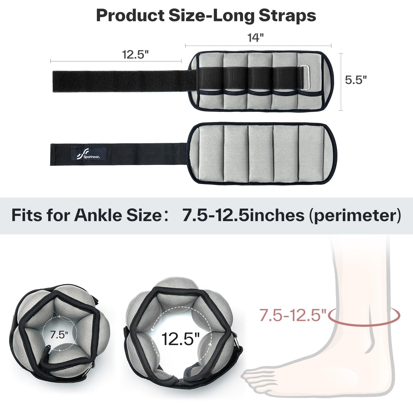 Sportneer Adjustable Ankle Weights Set - 1 Pair (2-10 lbs) Removable Sandbags for Women & Men, Comfortable Neoprene Leg Weights for Walking, Running, Pilates, Yoga, Home Workout & Physical Therapy
