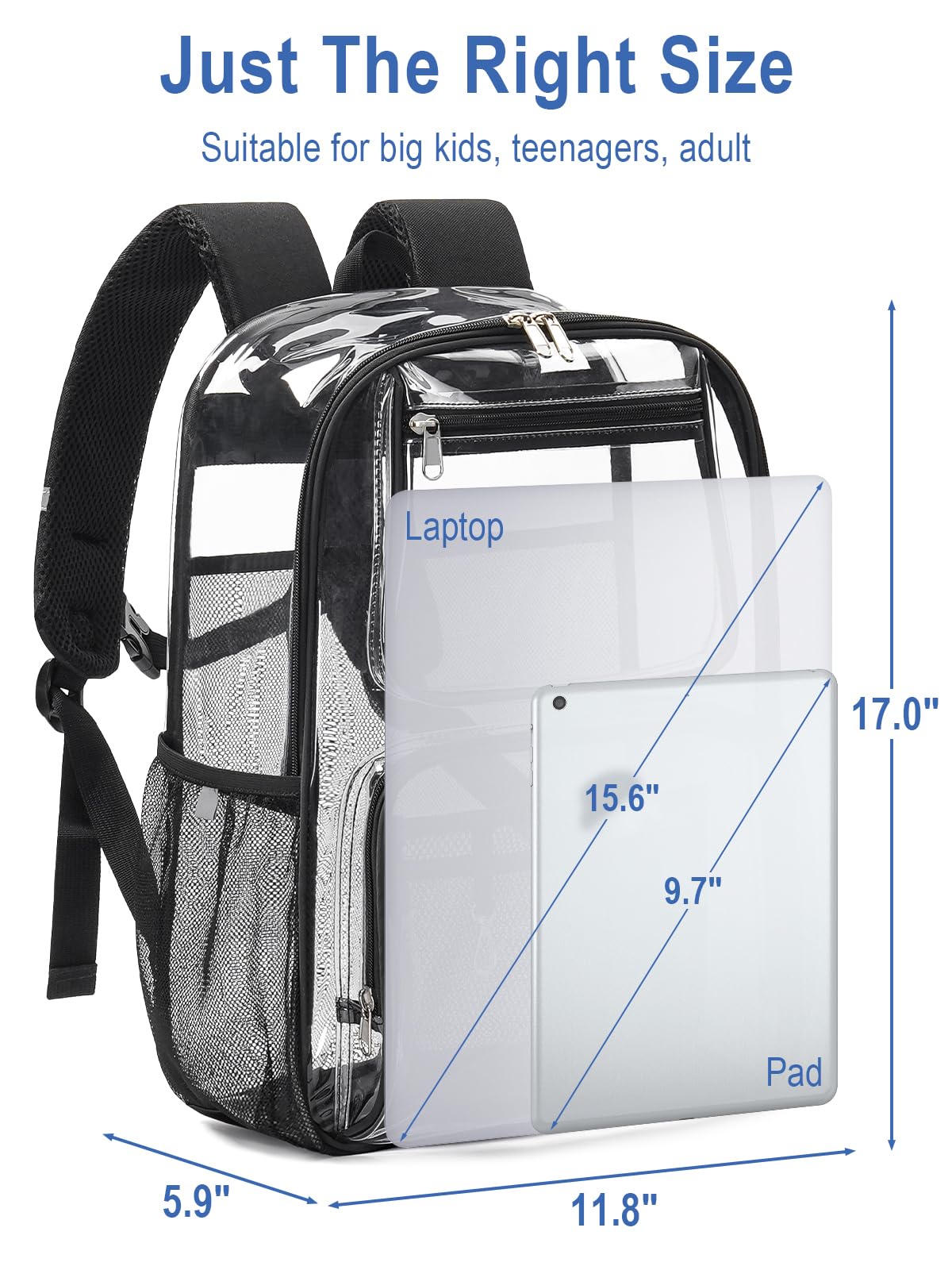 QOECI Heavy Duty Clear Backpack For Kids Women Men Boys Girls, 17 Inch Large See Through Backpack, 360° 3M Reflective Strips Clear Bookbag, Transparent Bag For School College Sport Work Travel, Black