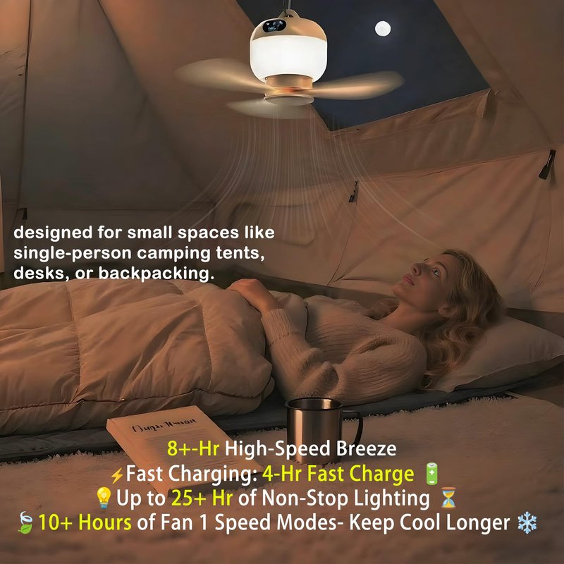 Negxi Camping Fan with Light & Remote, Portable Ceiling Fan for Tents, Canopy, Beach, RV, Car, Camper & Outdoor, Wireless Rechargeable Hanging Pop up Tent Fan - 3 Speed Breeze & Timer, 10.63 Inch