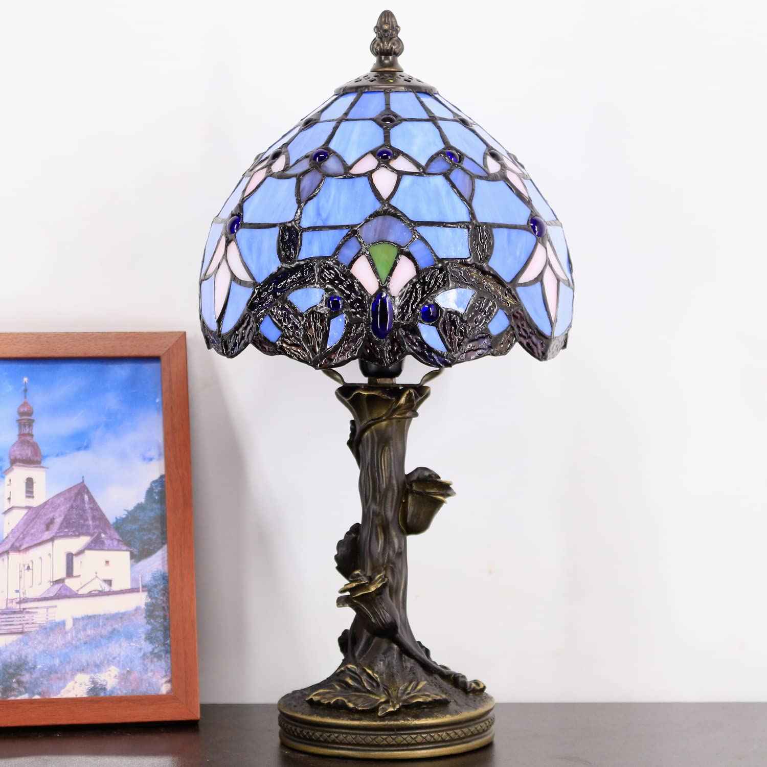 Small Tiffany Lamp Stained Glass Table Lamp Blue Baroque Style Bedside Desk Light Mini Accent Desk Memory Lamp 8X15 Inch