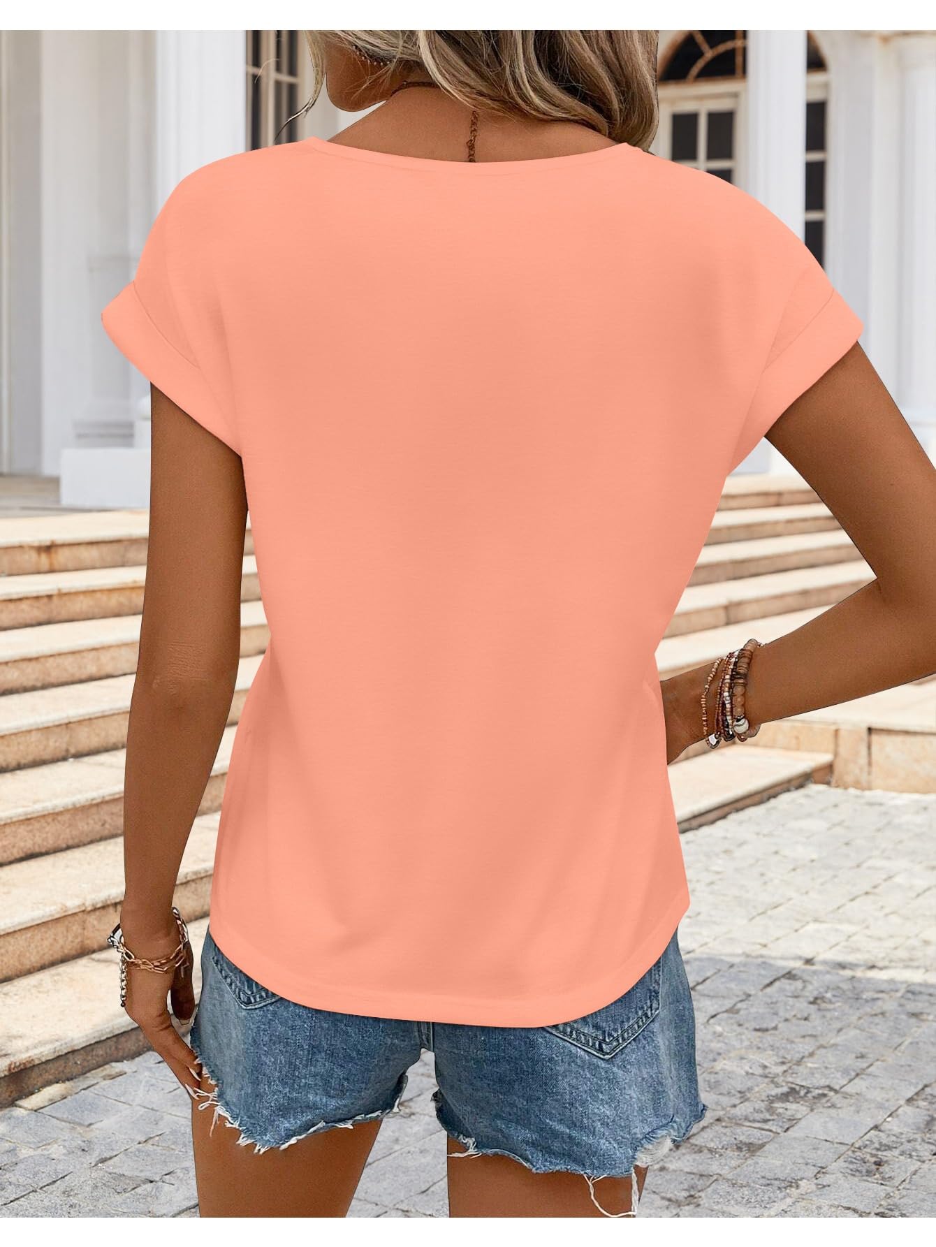 Womens T Shirts Spring Summer Tops Cap Sleeve Crew Neck Casual Business Dressy Blouses Beach Clothes Fashion Outfits Coral