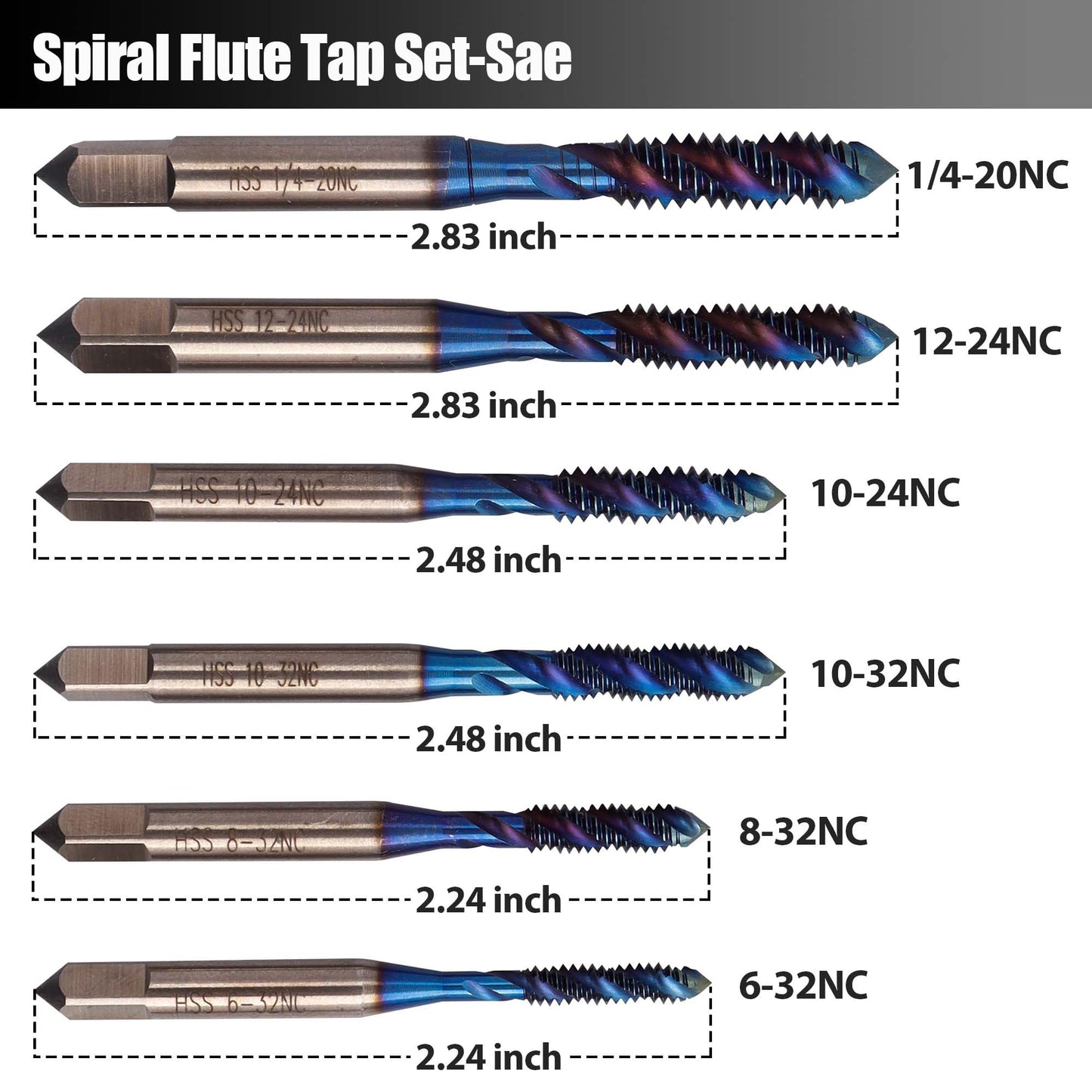 Yakamoz Spiral Flute Tap Set - 6Pcs SAE Tap Set Machine Tap Bits Screw Thread Tapping Tool for Metal, Wood, Plastic 6-32NC 8-32NC 10-24NC 10-32NC 12-24NC 1/4-20NC