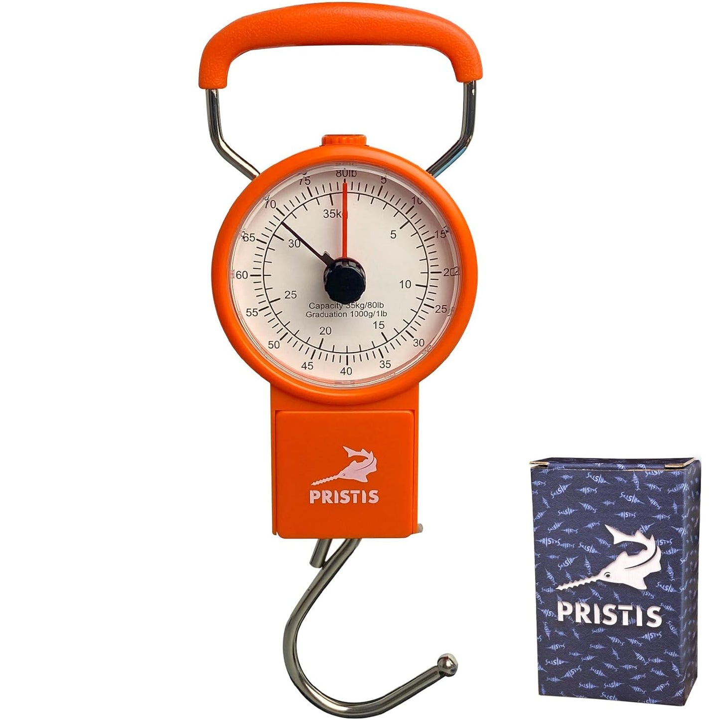 Pristis Fishing Hanging Scale - 80 LBs Analog Spring Hook Scale with Tape Measure & Non-Slip Handle