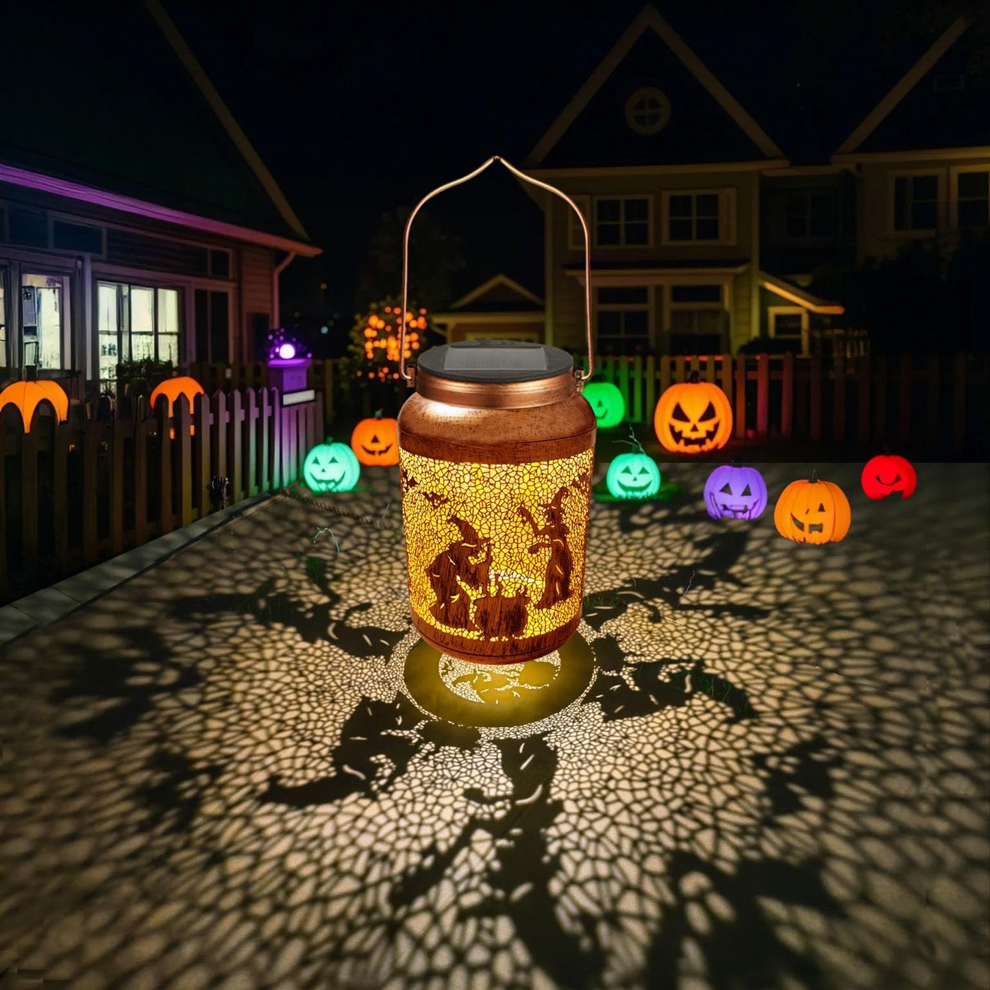 Solar Halloween Decorations Outdoor Witch Lanterns Garden Decor Metal Hanging Solar Lights Waterproof Outdoor Halloween Decorations Lights for Party Yard Patio Lawn Pathway Landscape