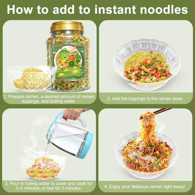 9-Veggie Toppings for Ramen, 16oz All Natural Vegetable Instant Ramen Toppings, Dehydrated Veggies for Noodles, Soups, Camping, and Emergency Food, No Additives, 1 LB Canister