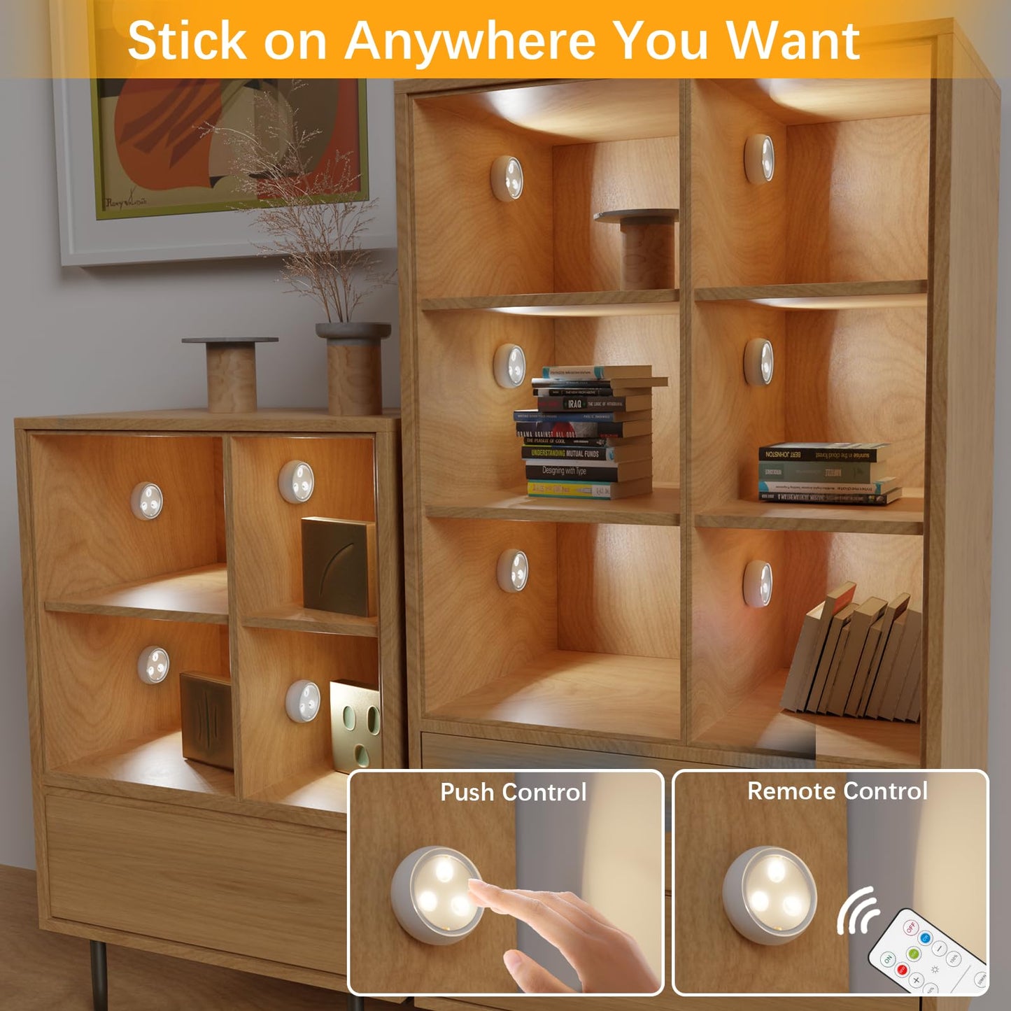 YLXS 10 Pack LED Puck Light with Remote, 3 Color Battery Operated Dimmable Push Tap Light, Portable Under Cabinet Lighting Stick On, for Closet Kitchen