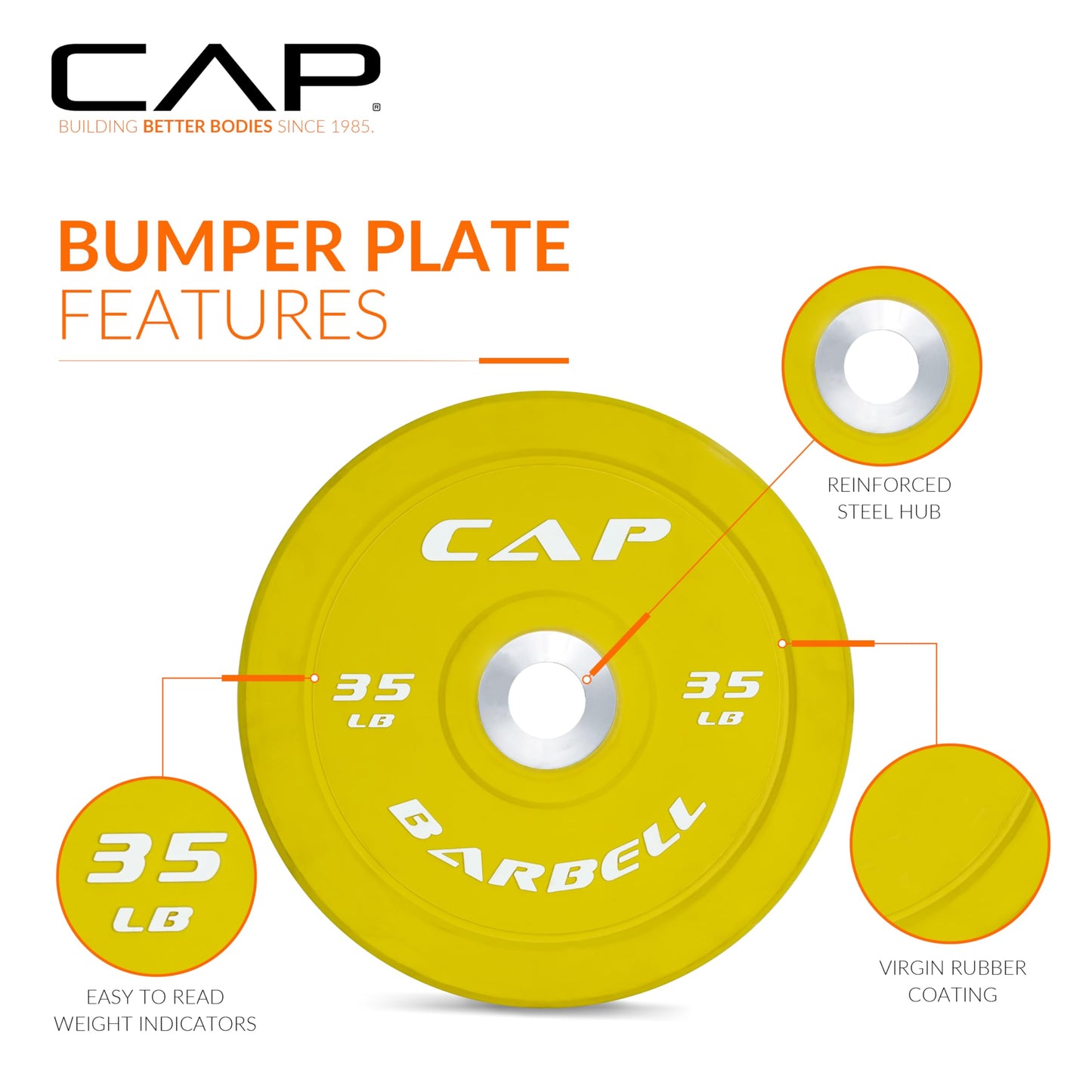 CAP 100 lb Competition Olympic Bumper Plate Set, Color-Coded 2-Inch Olympic Plates, Low Bounce Virgin Rubber Weight Plates with Steel Hub for Weightlifting, Strength Training & Home Gym Workouts