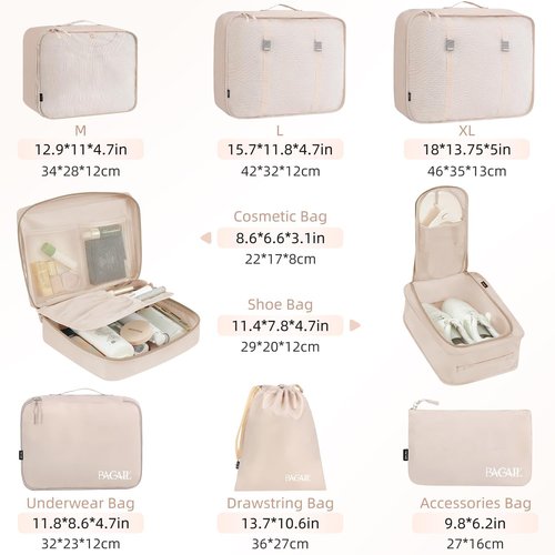 BAGAIL Packing Cubes - 8 Set Travel Organizers for Efficient Luggage Packing | Cream Color