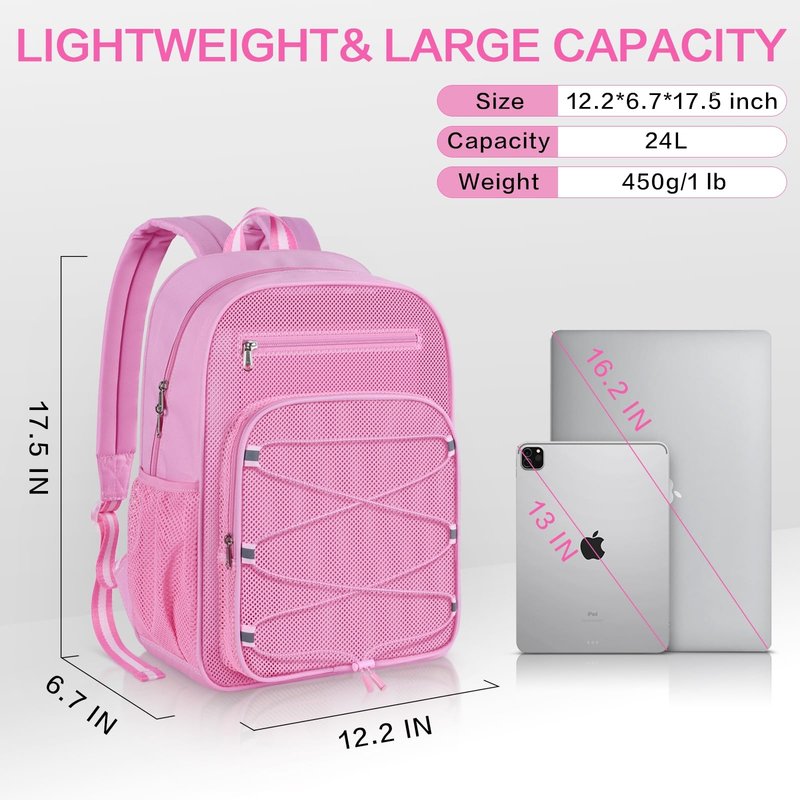 XOAOKO Mesh Backpack Heavy Duty See Through bookbag for College, Transparent Backpack for Beach, Swimming, Sports, Travel-Pink