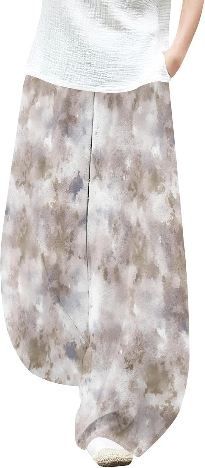 Zaswen Women's Palazzo Pants - High Elastic Waist Tie-Dye Lounge Trousers with Pockets | Plus Size Casual Wear