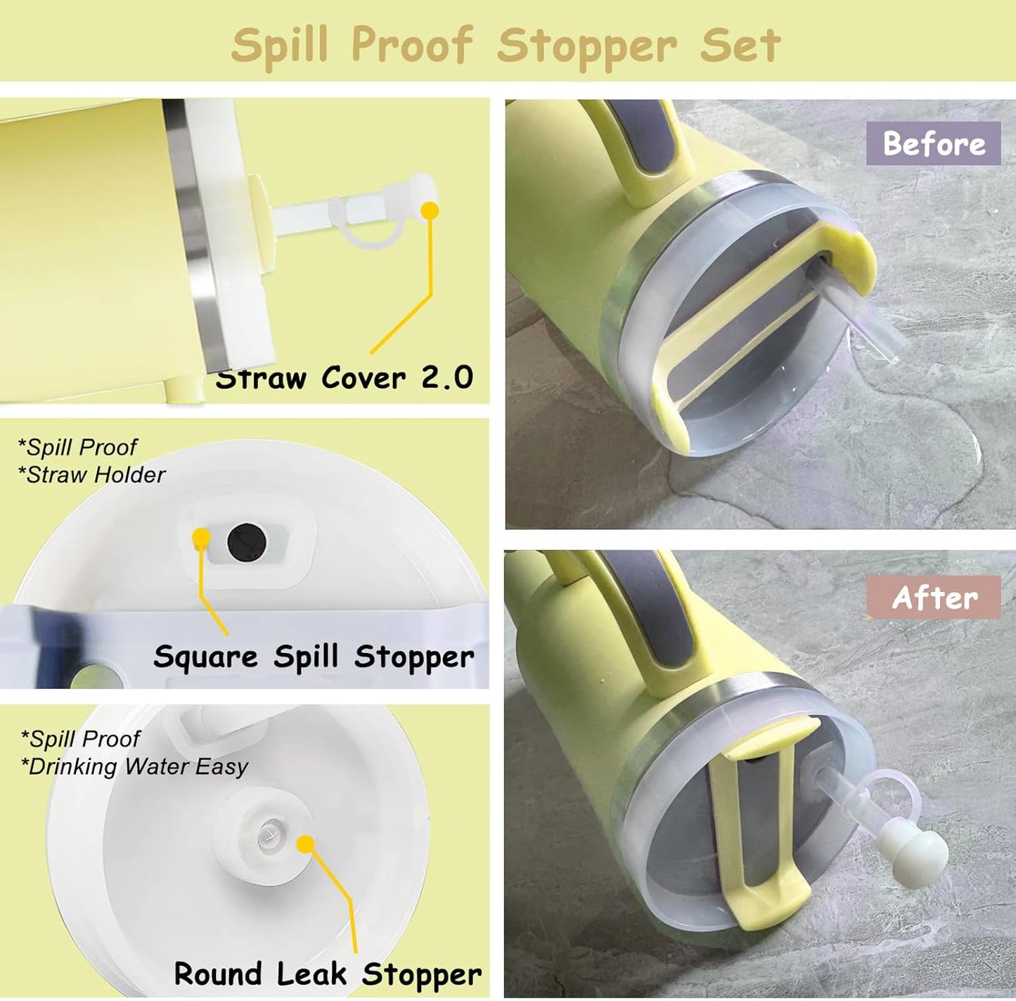 Stanley Cup Accessories Set - 2 Straw Covers, Silicone Stopper & Handle Charm | Fits 30/40 Oz Tumblers (Lemon Yellow)