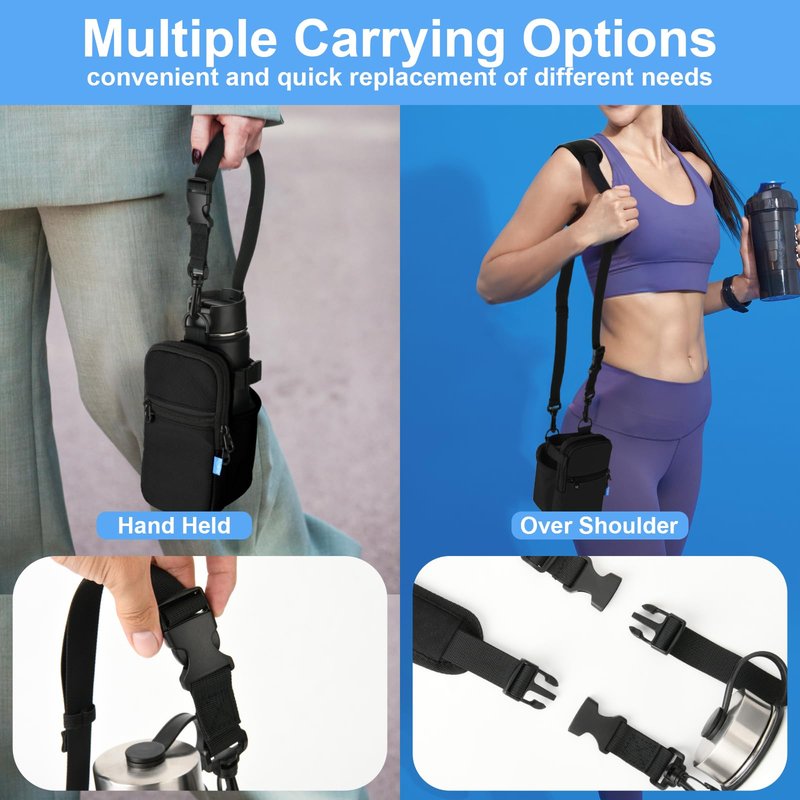 Xxerciz Water Bottle Carrier Bag with Phone Pocket Crossbody Sports Water Bottle Sling Pouch Holder with Adjustable Shoulder Strap, Universal Water Bottle Accessories for Walking Hiking (Black)